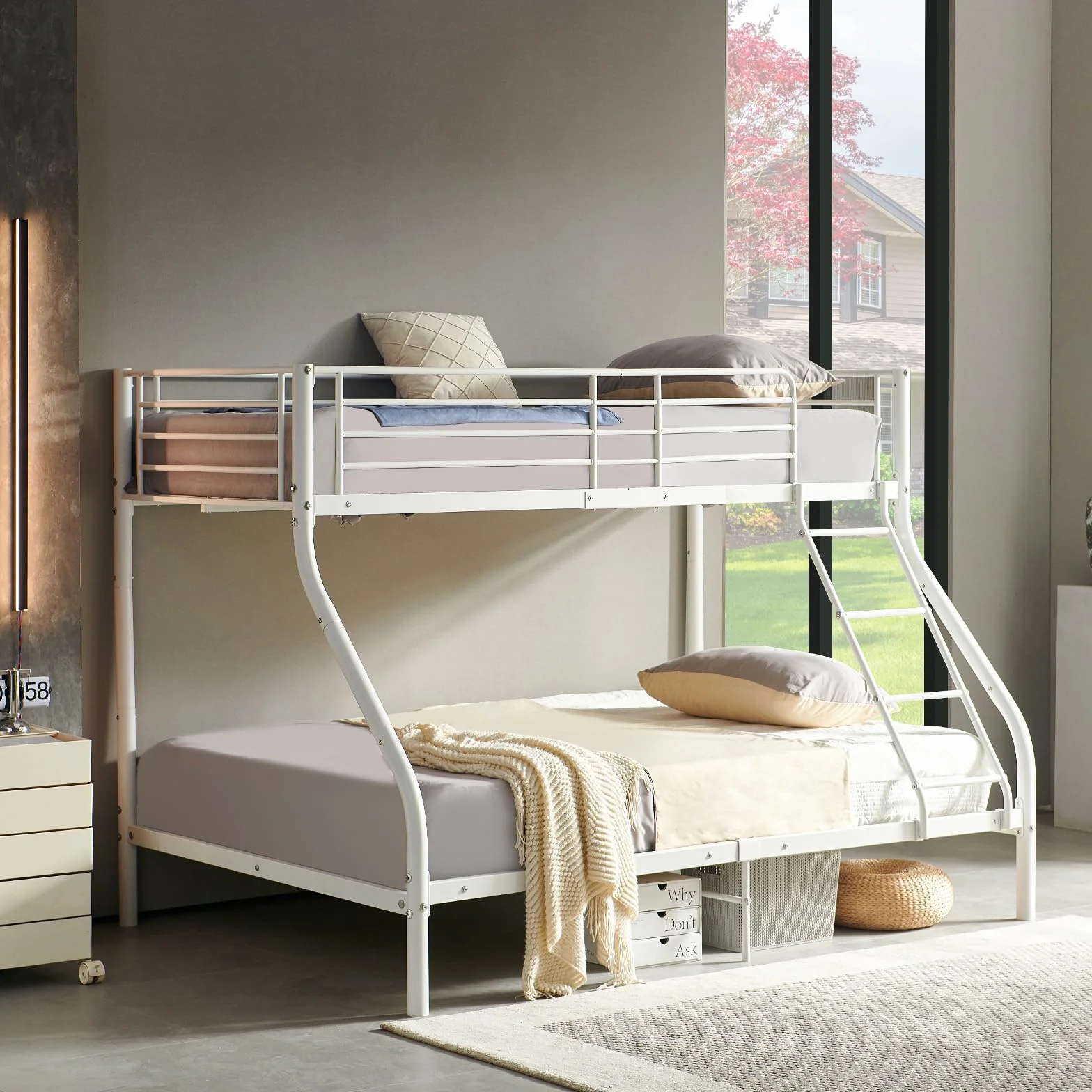 Litera de Metal para Niños, 90 x 200 cm o 140 x 200 cm, Cama Alta Doble Con Somier para Dormitorio Juvenil, Color Blanco