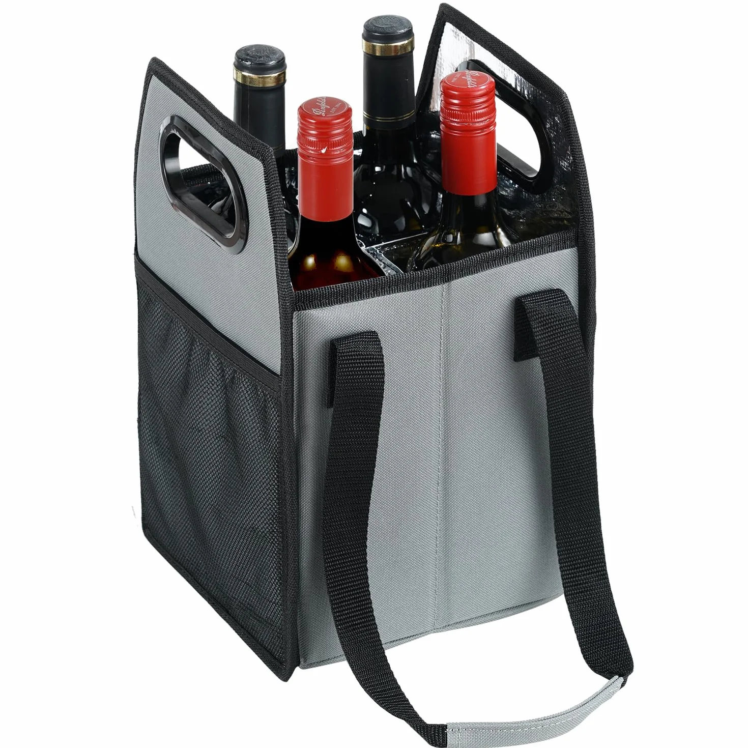Portabotellas plegable reutilizable con correa para 6 botellas (gris, 4 botellas)