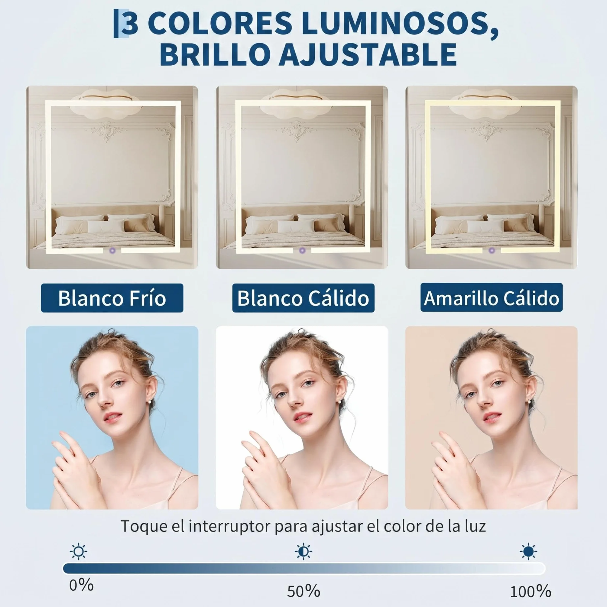 Tocador De Maquillaje Con Luz, Taburete De Almacenamiento, Espejo Y Luces LED Táctiles (3 Colores/3 Modos), Panel Abatible Para Ampliar Encimera, Cajón Grande Y Estantes Abiertos, 50 x 40 x 150,Blanco