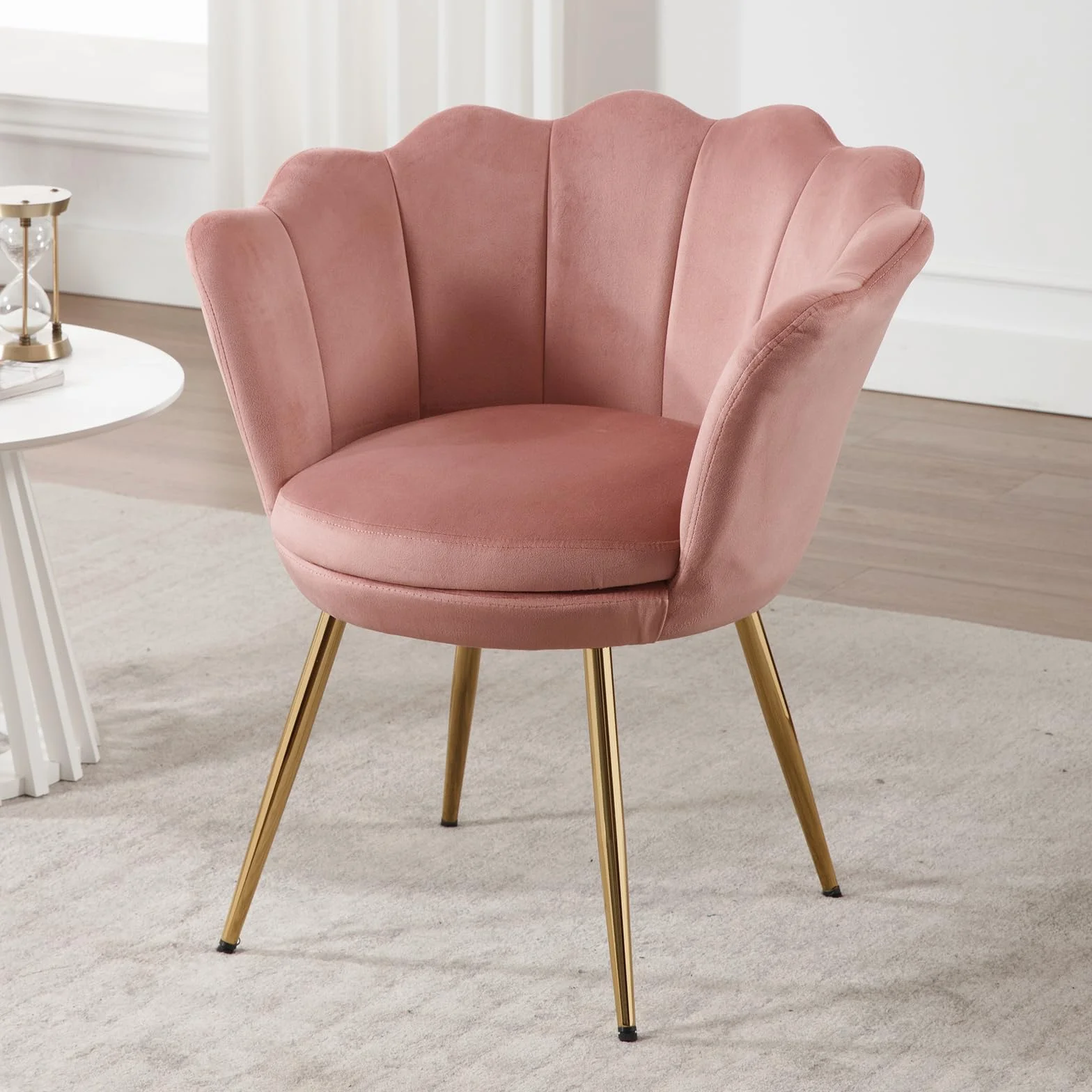 Ya-Home Sillón Individual de Terciopelo Butaca de Salón,Silla Tocador Maquillaje con Patas de Metal，Silla de Concha Moderno para Recepción/Dormitorio/Tocador,Rosa
