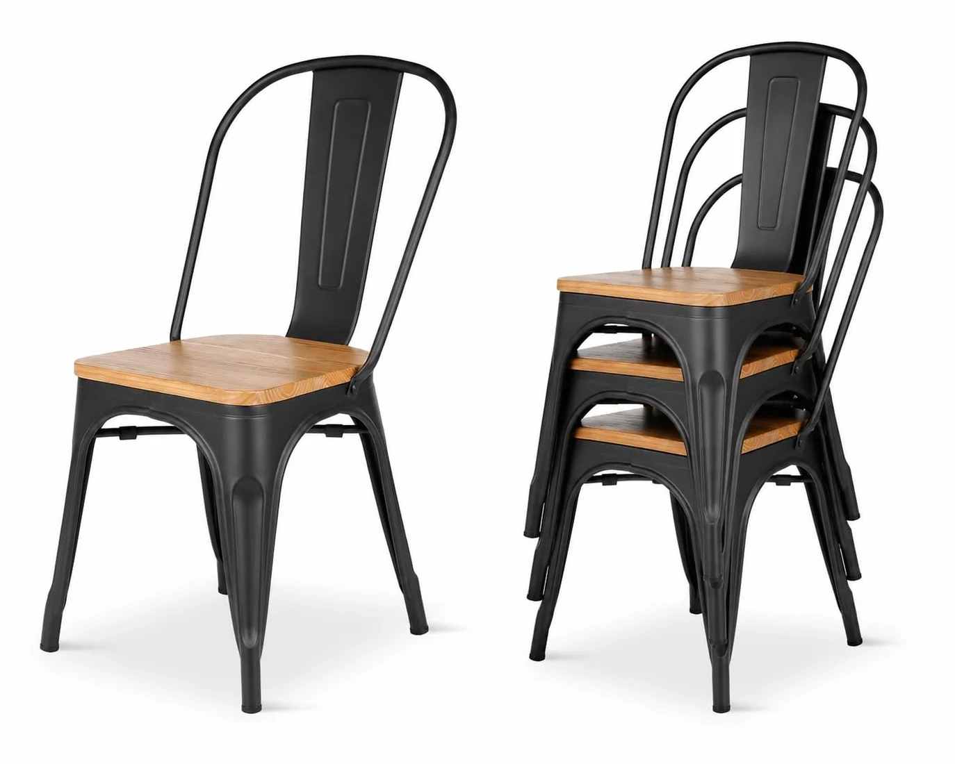 Kosmi - Juego de 4 sillas de Metal Negro y Madera Clara Asiento de fábrica de Estilo Industrial de Metal Negro Mate y Madera Clara