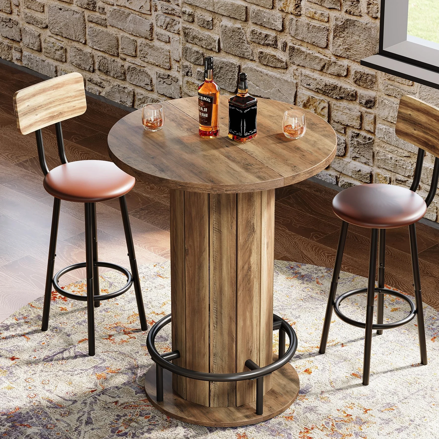 Tribesigns Mesa alta redonda de 100 cm de alto, mesa de bar de madera con reposapiés de anillo de metal para comedor, café, cóctel, color marrón (solo mesa)
