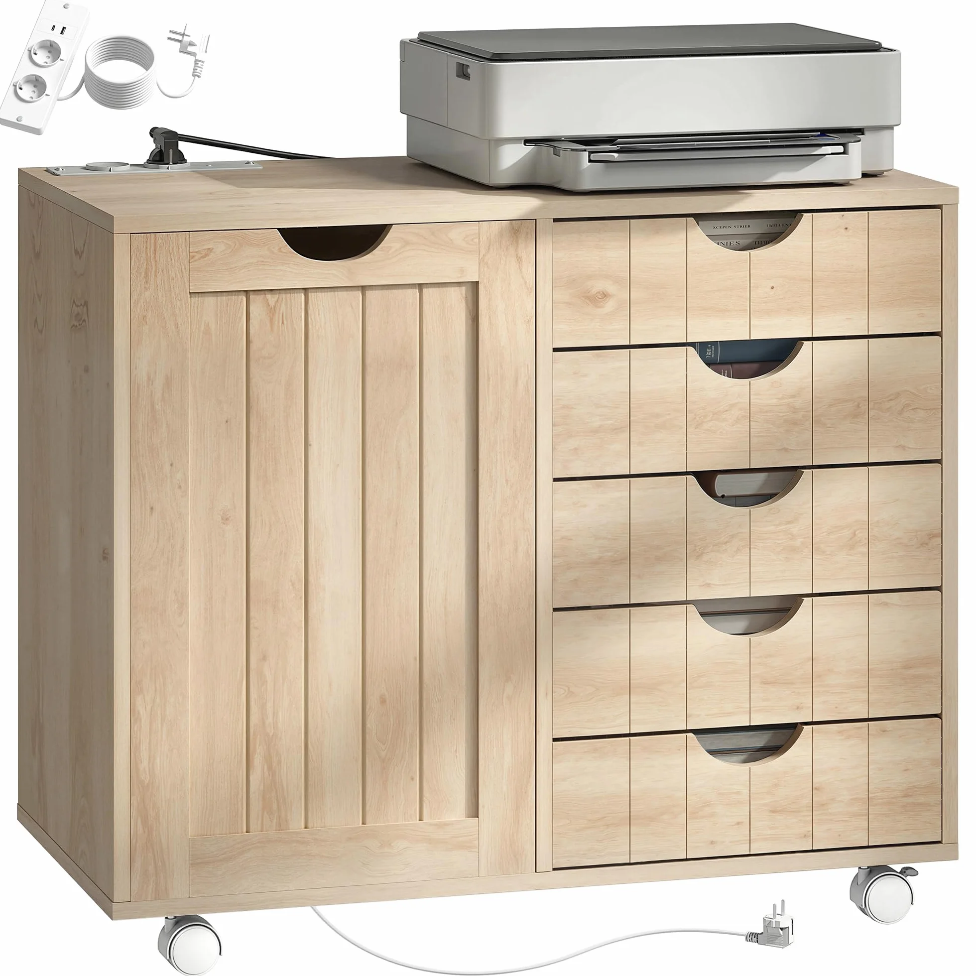 HOMCOM Mueble para Impresora con Estación de Carga y Ruedas, Soporte para Impresora, Cajonera para Escritorio con 5 Cajones, Puertos USB, Estante Ajustable para Archivador, Oficina en Casa, Natural