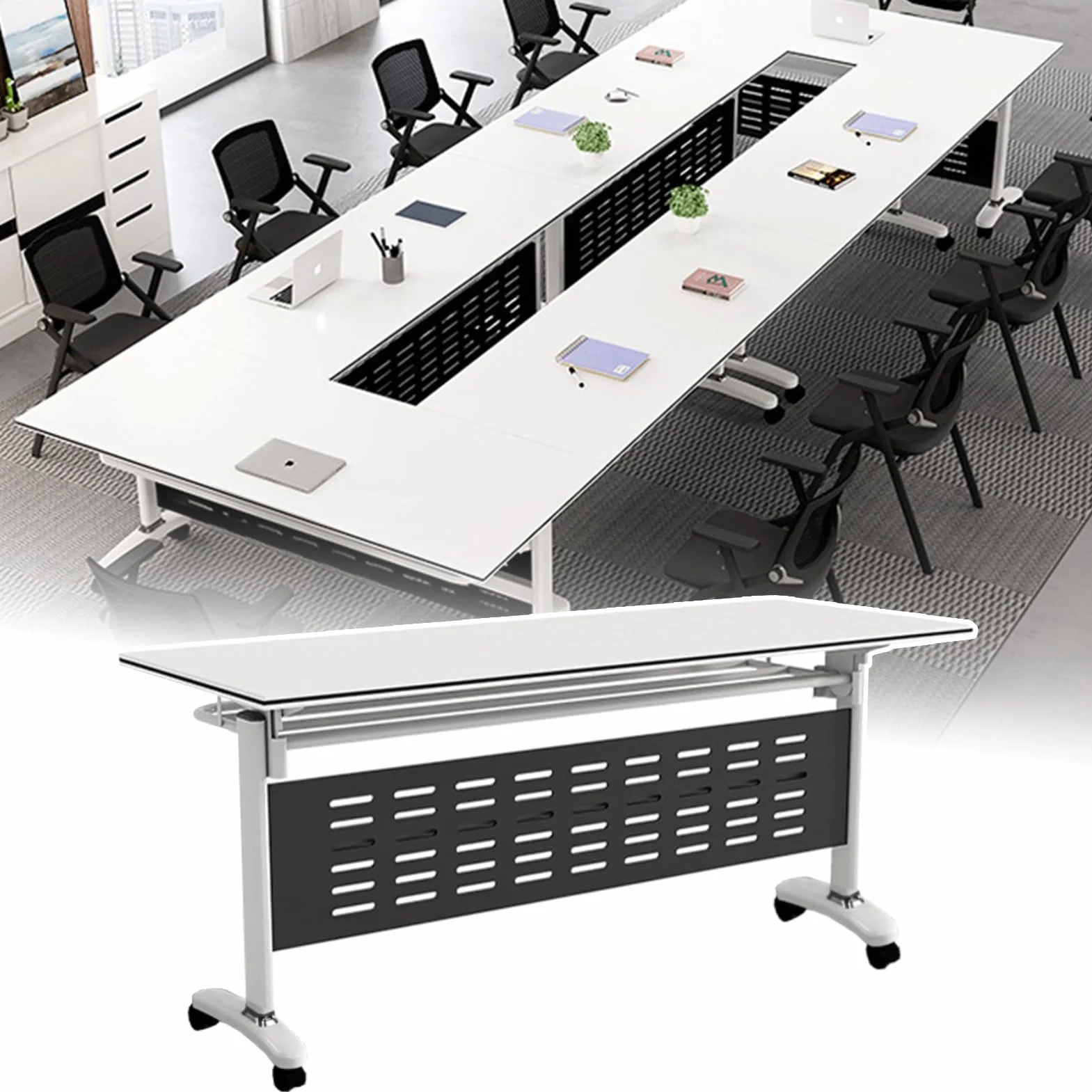 Mesa de Reuniones Mobile Foldable Conference Table, Save Space Rolling Meeting Table with Locking Wheels, Meeting/Training Table for Classroom or Office(White,140x40x75cm)