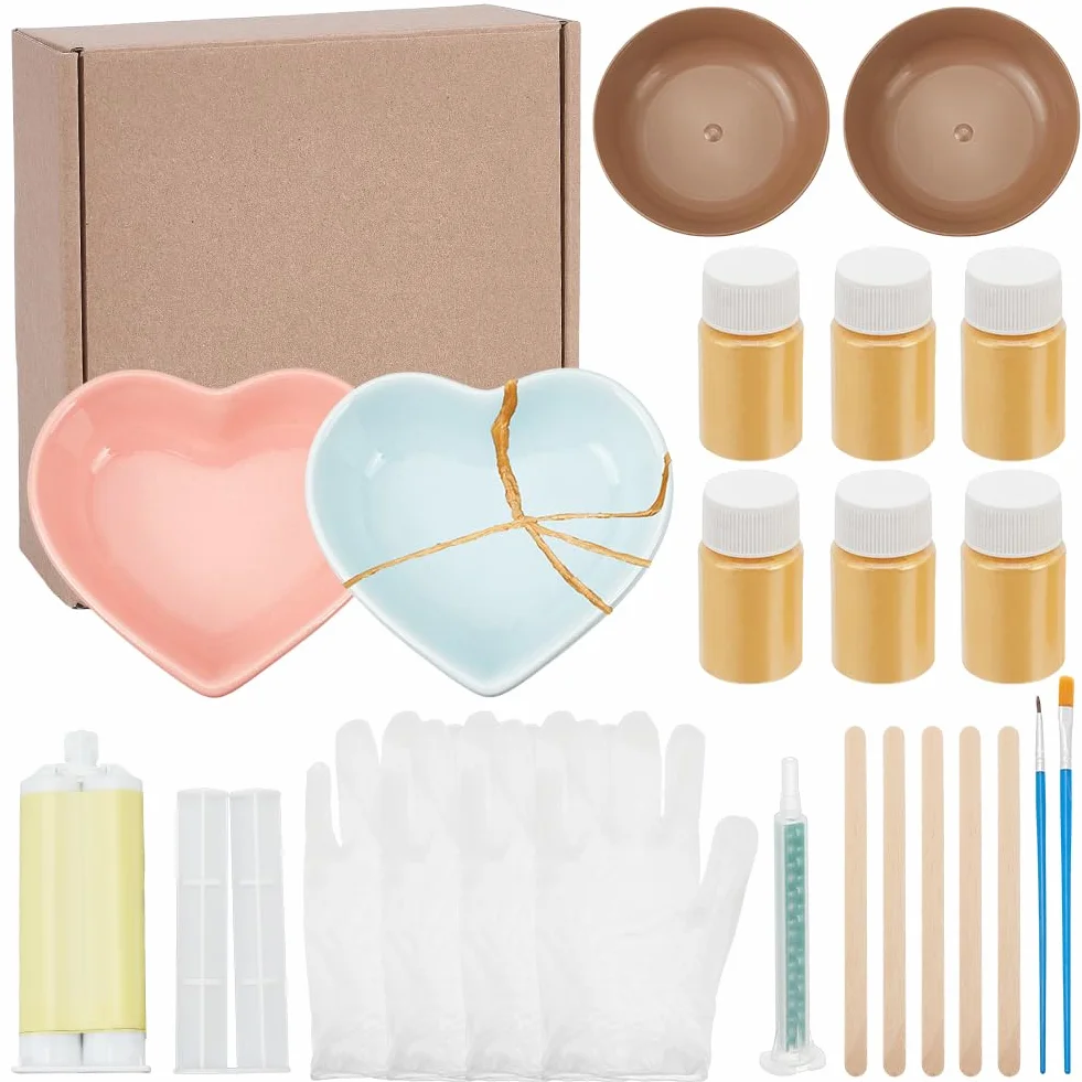 WEBEEDY Kintsugi Kit de reparación de oro, 22 piezas de cerámica japonesa con cerámica práctica y pegamento alimentario para reparar su cerámica rota significativa cristal