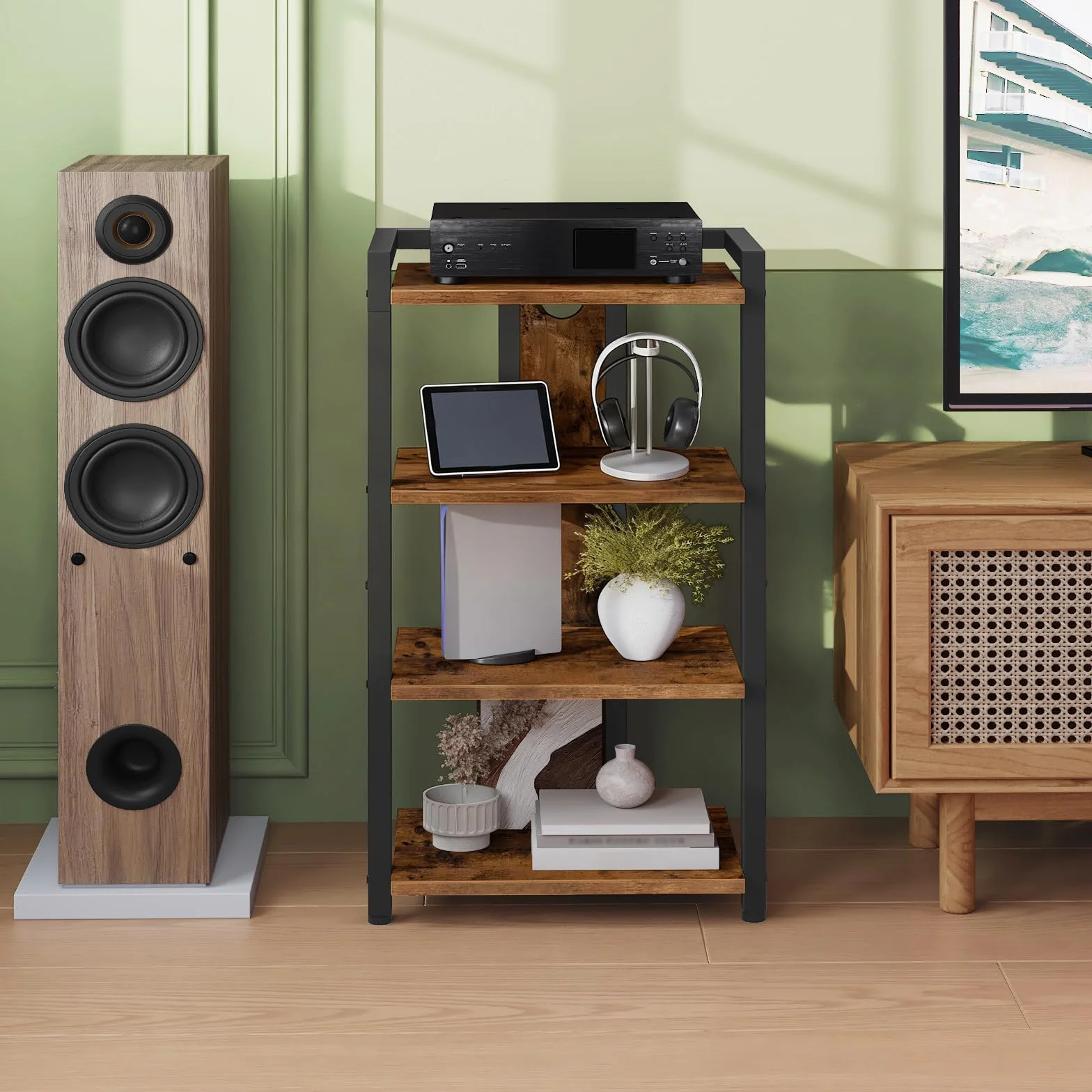 HOOBRO Mueble Tocadiscos, Mueble HiFi con 4 Estante, Soporte de Multimedia con Orificios para Cables, Soporte para Discos, Hi-Fi, Videoconsola, Proyector, Router WiFi, Marrón Rústico y Negro EBF38CJ01