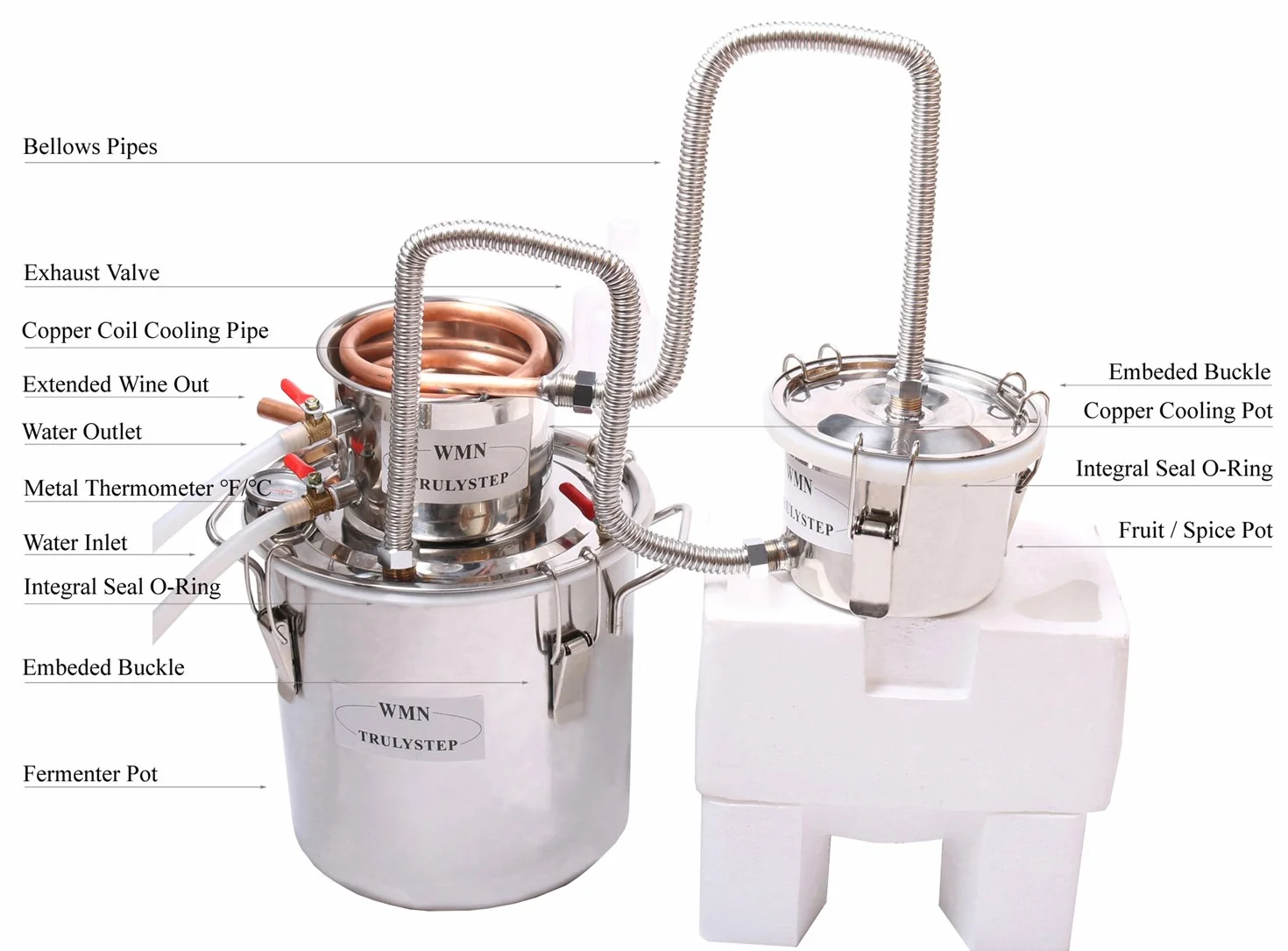 Fayelong Destilador de Aceites Esenciales 3 Ollas 20 Litros Alambique Destilador de Alcohol de Agua de Serpentin de Cobre, Kits de Elaboración de Vino Casero con Barril Thumper para Brandy, Whisky