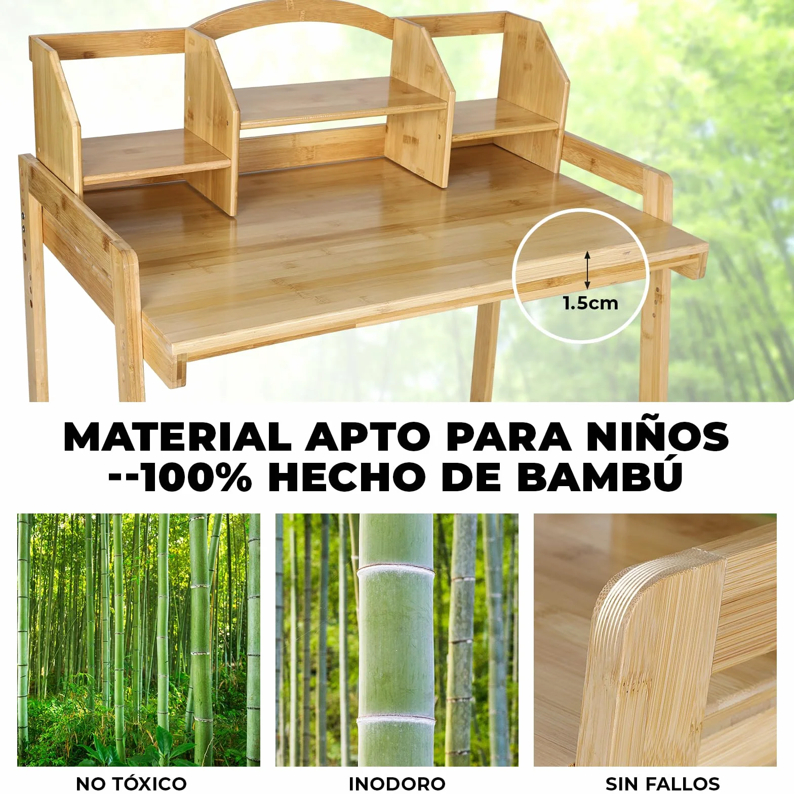Escritorio Infantil Bambú con Silla Ajustable, Mesa Madera Estudiante, Soporte Libros Almacenamiento Natural