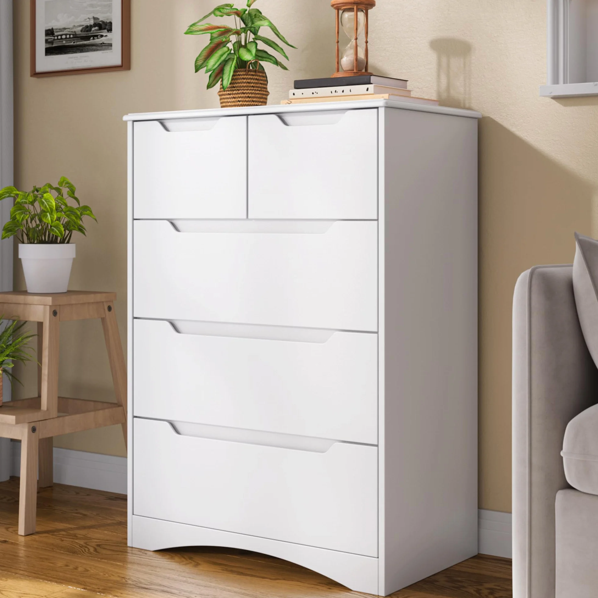 Cómoda con 5 Cajones, Cómoda para Dormitorio, Organizador Moderno, Mueble de Almacenamiento para Despacho, Salón, Pasillo, 72x41x94 cm (Blanco)
