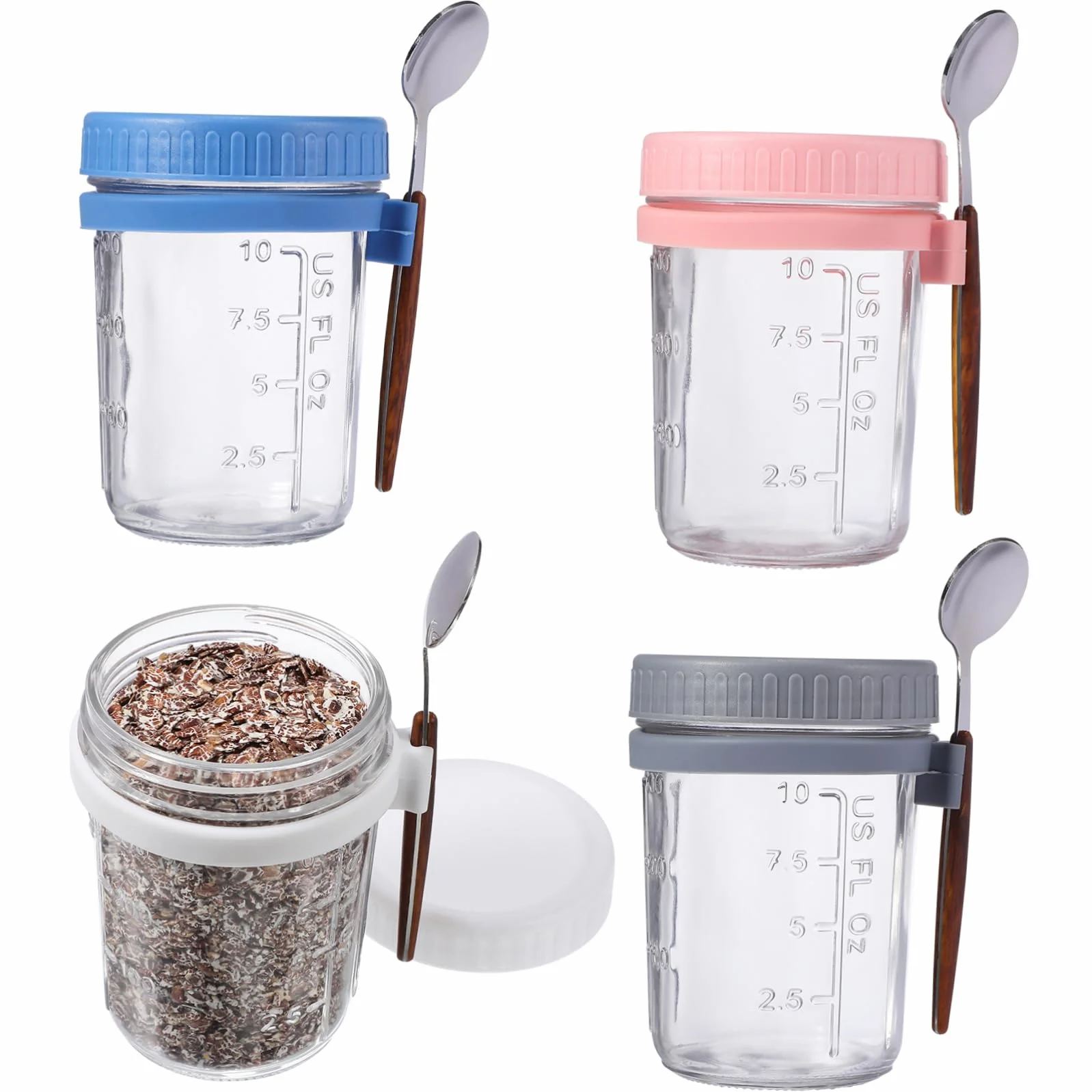 TOPBATHY Tarros de Desayuno de Cristal 400ml con Tapa y Cuchara, 4 Piezas | Vidrio y Silicona, Cierre Hermético Antiderrame, para Avena Nocturna en Cocina y Dormitorio