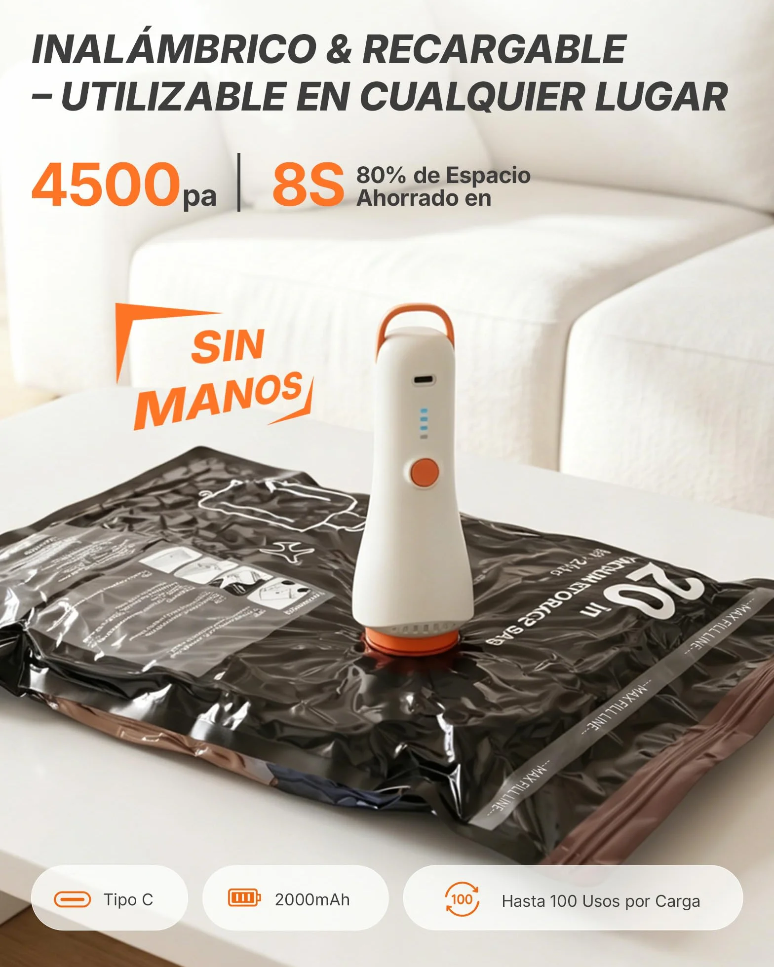 Bolsas Vacio Ropa Viaje con Bomba de Vacío Eléctrica Inalámbrica, Pack de 20 (4 * 74x54, 8 * 64x47, 8 * 54x40) – Ideal para Equipaje de Mano, Ropa de Temporada y Almacenamiento en Casa