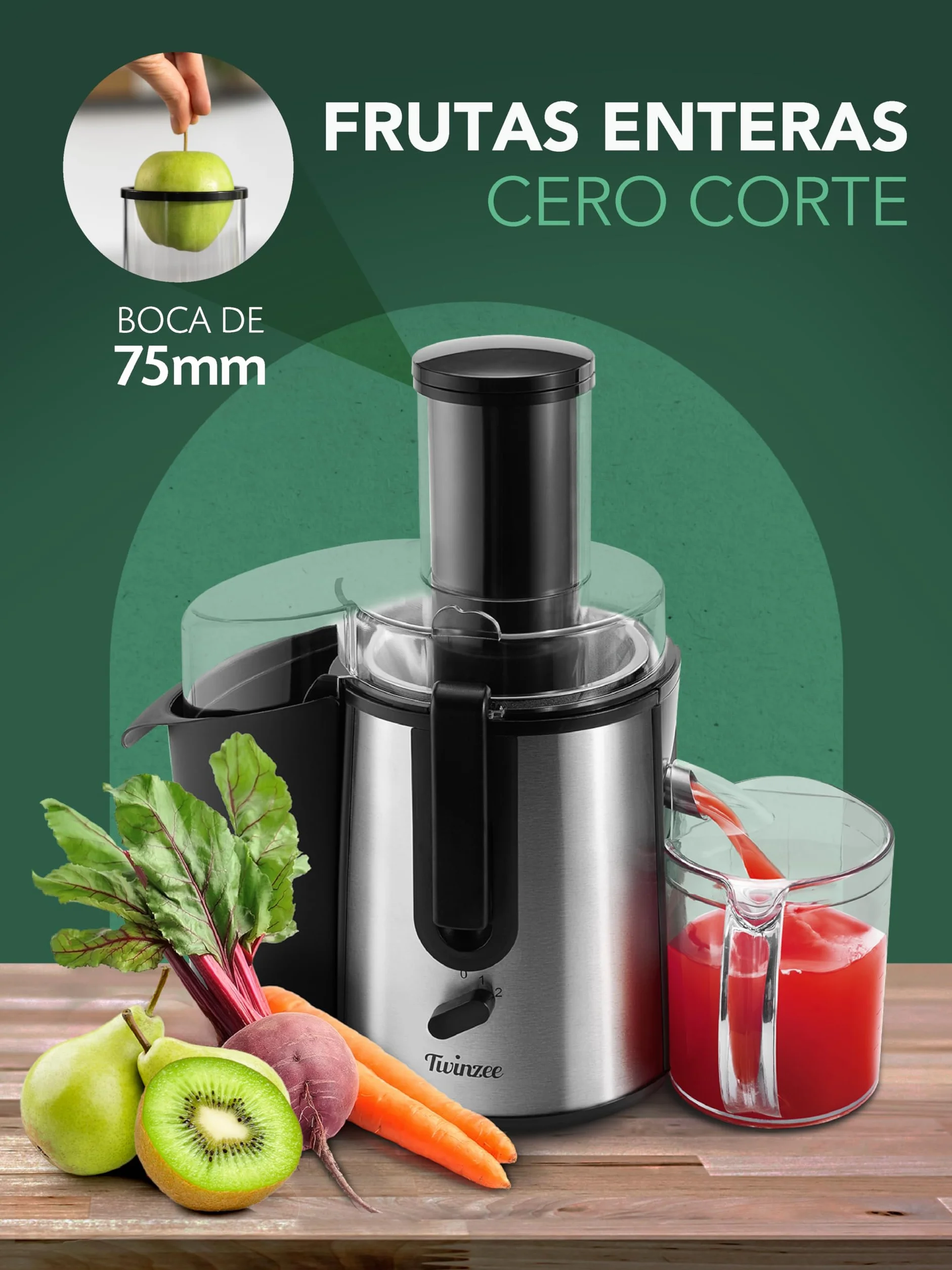 Twinzee Licuadora 850W Extractor de Zumos y Verduras Juicer Boca 75 mm 2 Velocidades
