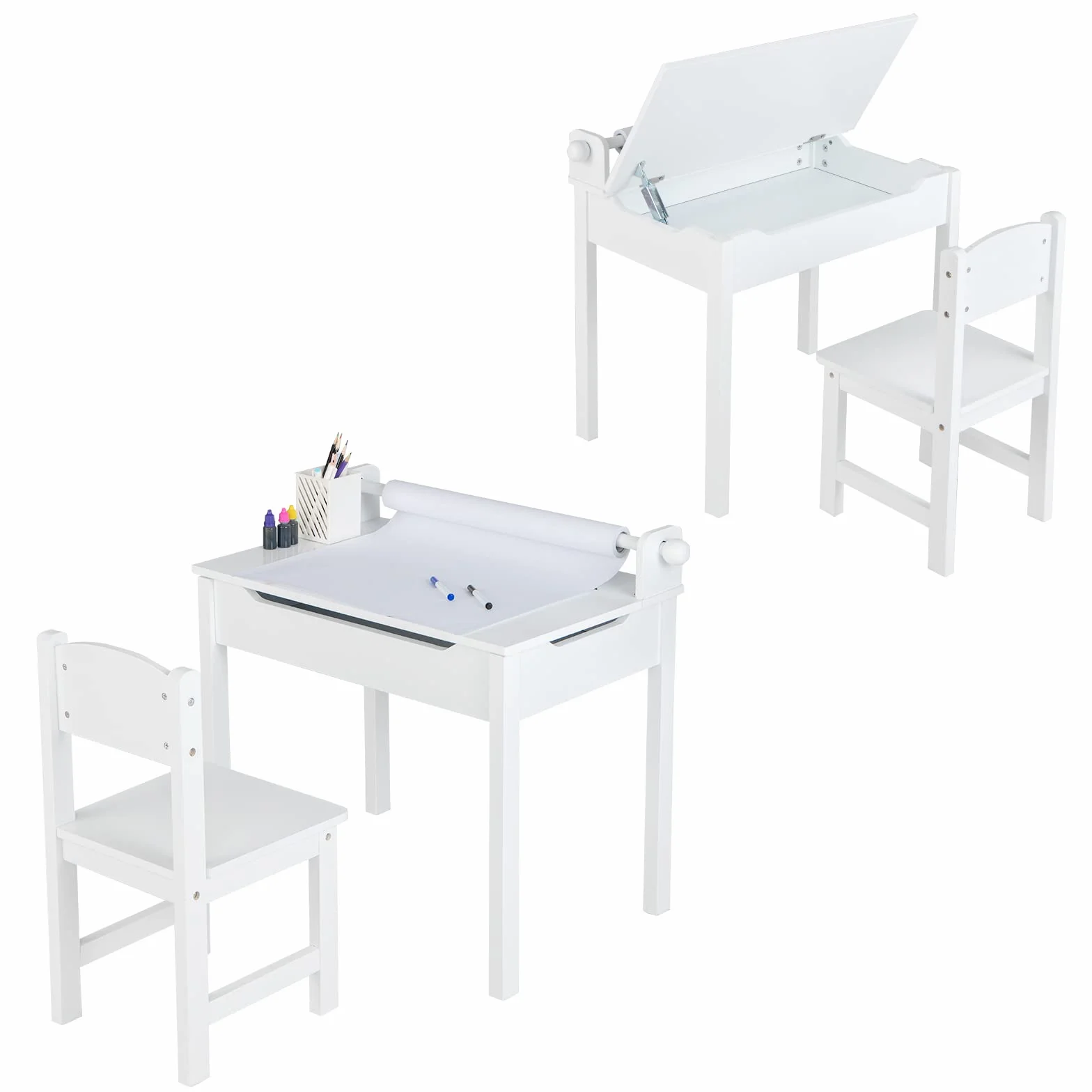 COSTWAY Juego de Mesa y Silla Infantil de Madera, Mesa de Actividades con Soporte para Rollo de Papel, Escritorio para Dibujar y Estudiar (Blanco)