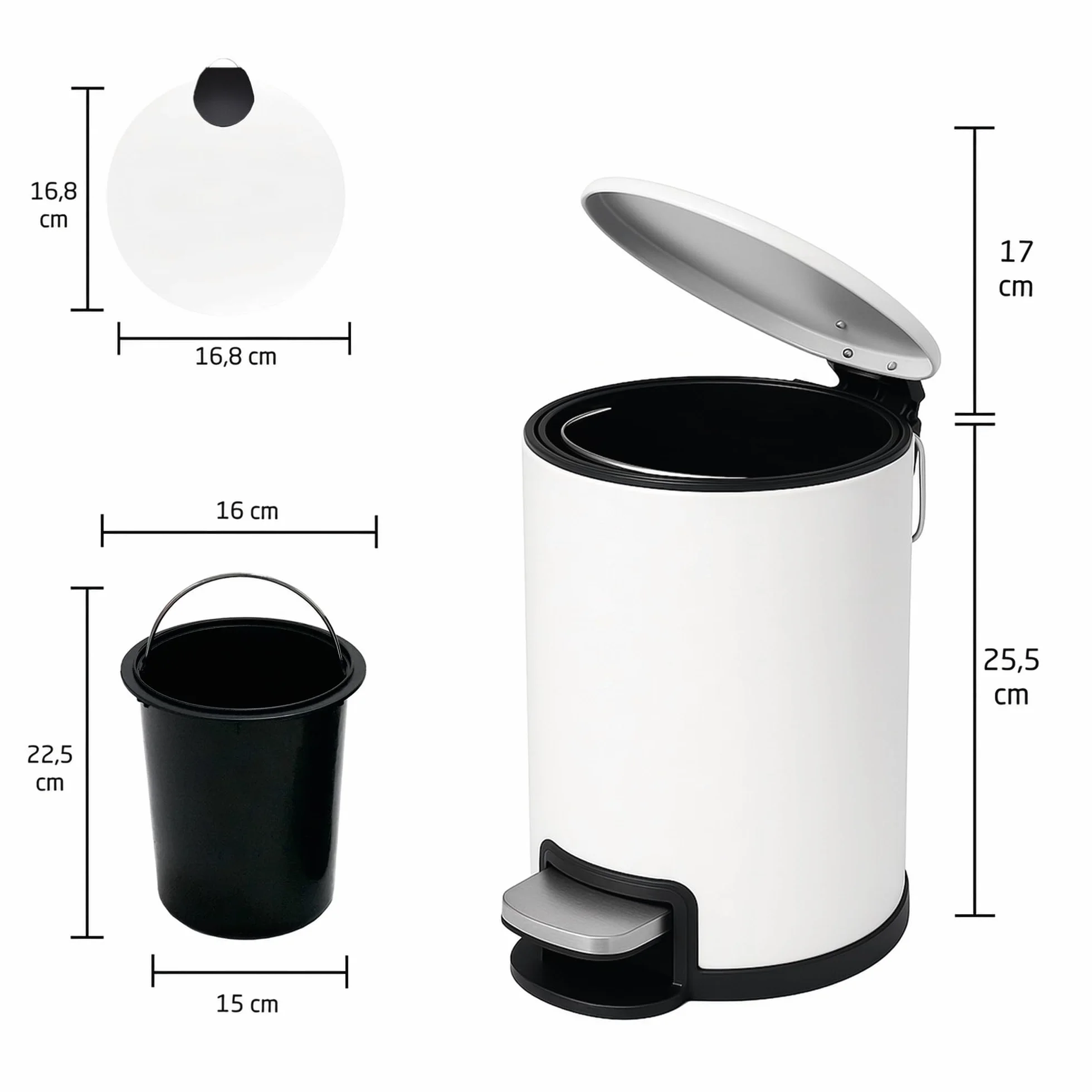Cubo de Basura para Baño con Pedal 3 Litros Blanco Acero Inoxidable Lacado Ø16,8 x 25,5 cm