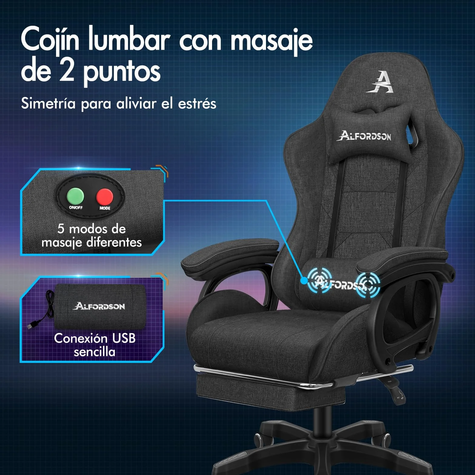 ALFORDSON Silla Gaming con Cojín Lumbar y Cervical, Silla Oficina Gamer Ergonómica Reclinable con Masajeador, Respaldo Alto Acolchado, Ideal Ordenador,Oficina,Videojuego,Escritorio, Lino(Gris Oscura)