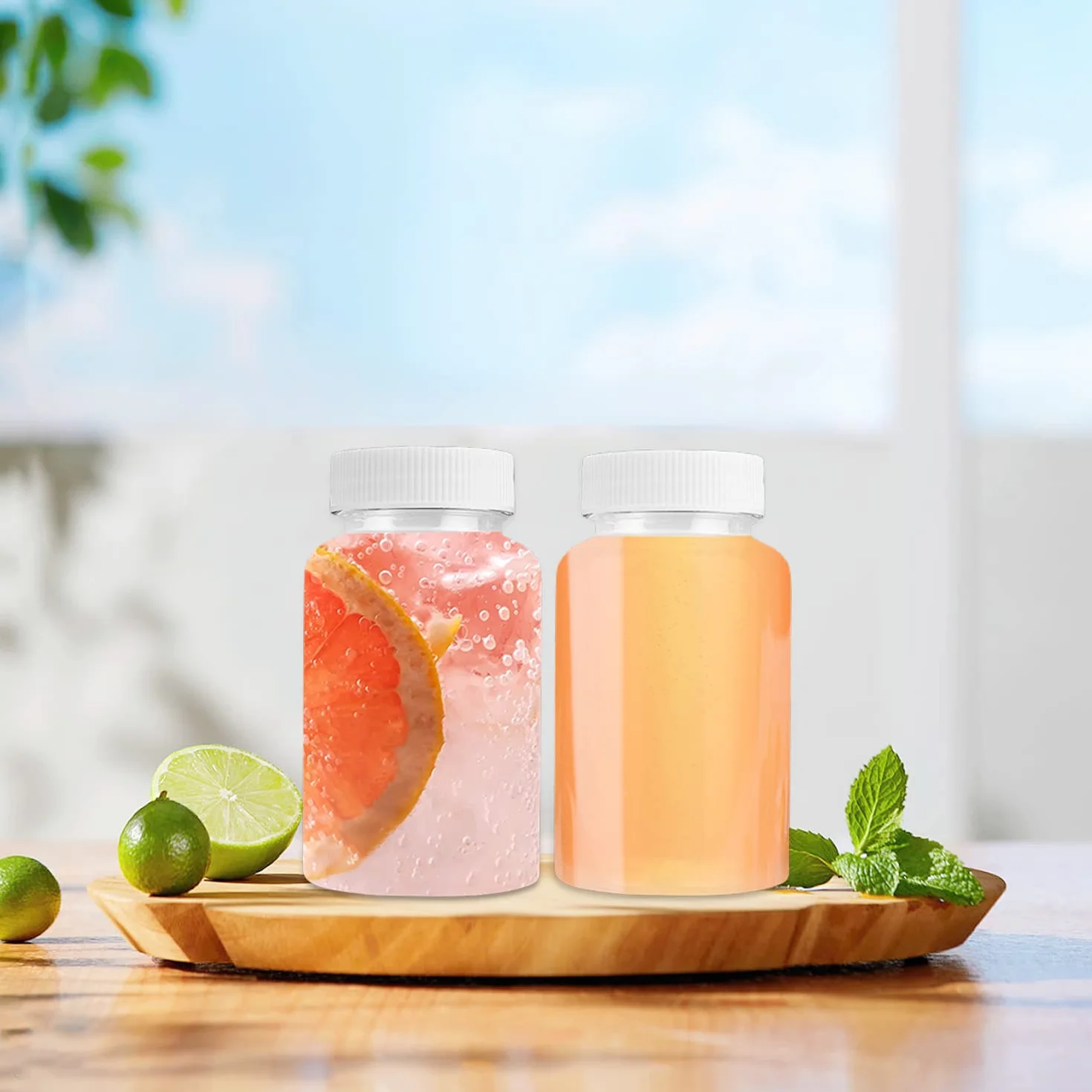 YUE QIN 12 Piezas Botellas de Jugo Reutilizables con Tapas Plástico Transparente Botellas de Pláptico con Pegatina Botella de Leche para Jugo Leche y Bebidas Limonadas (100ml)