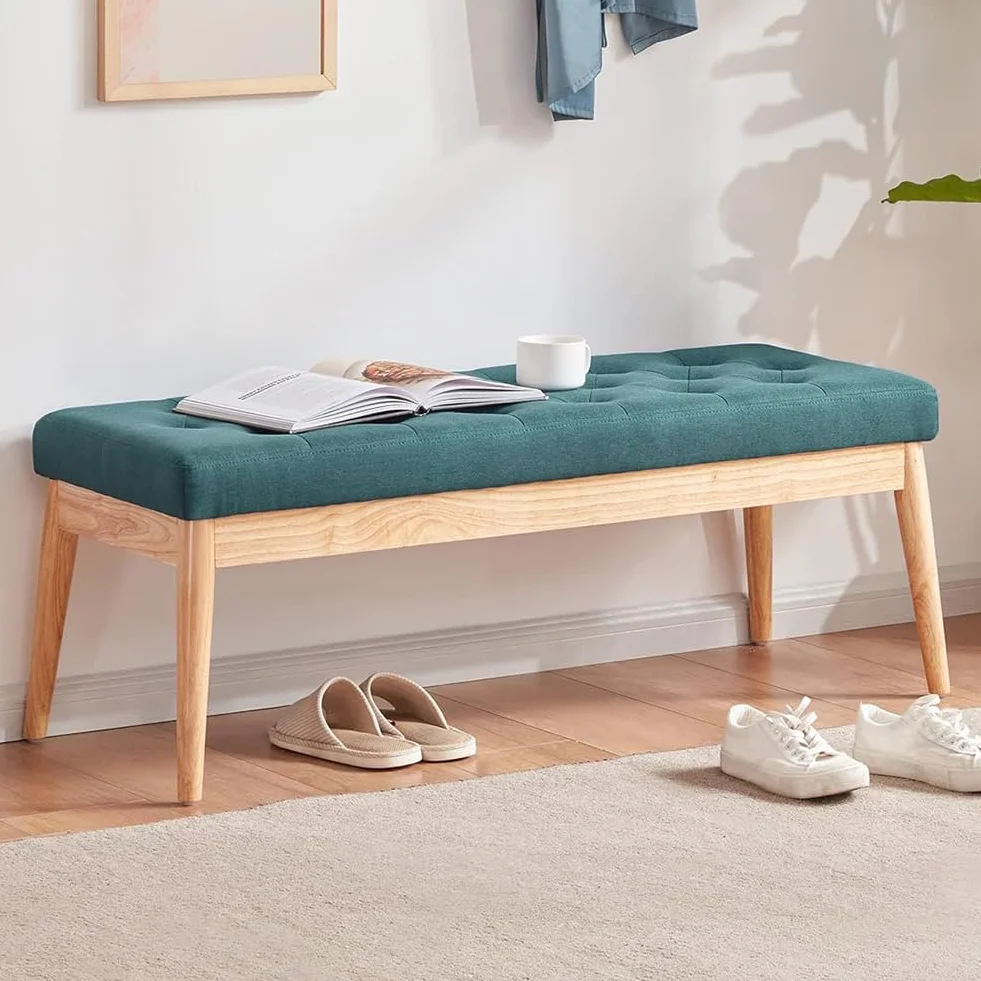 BAKAJI Banco de Tela con Estructura de Madera, baúl otomano Acolchado de Alta Densidad para Dormitorio, Entrada, Oficina, Dormitorio, salón, salón, Banco otomano, Acolchado de Alta Densidad (Verde)