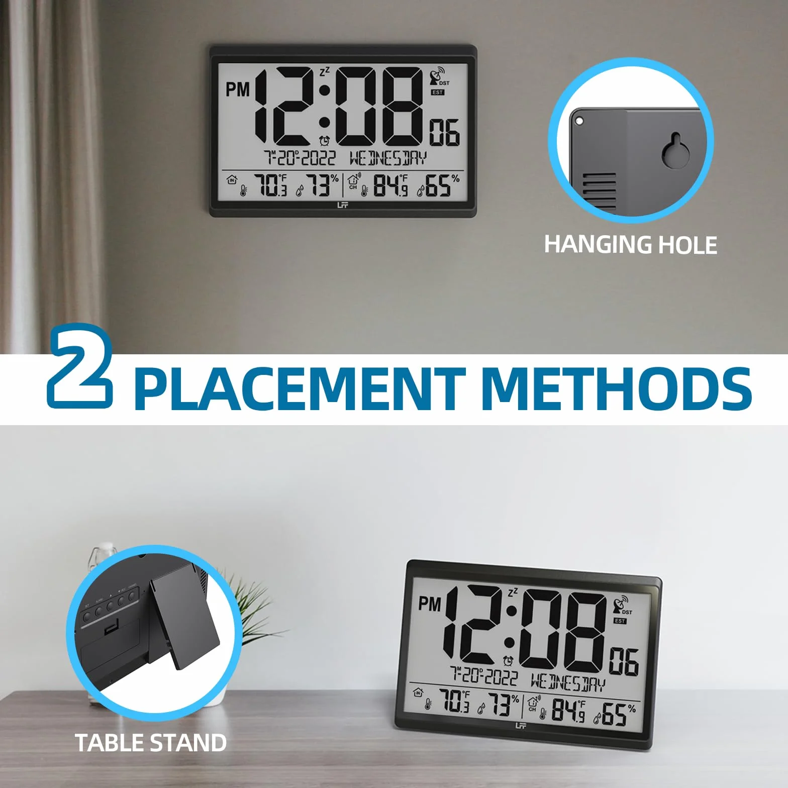 Reloj atómico nunca necesita configuración, funciona con pilas, reloj de pared digital con temperatura y humedad interiorexterior, sensor inalámbrico para exteriores, reloj de pared atómico con
