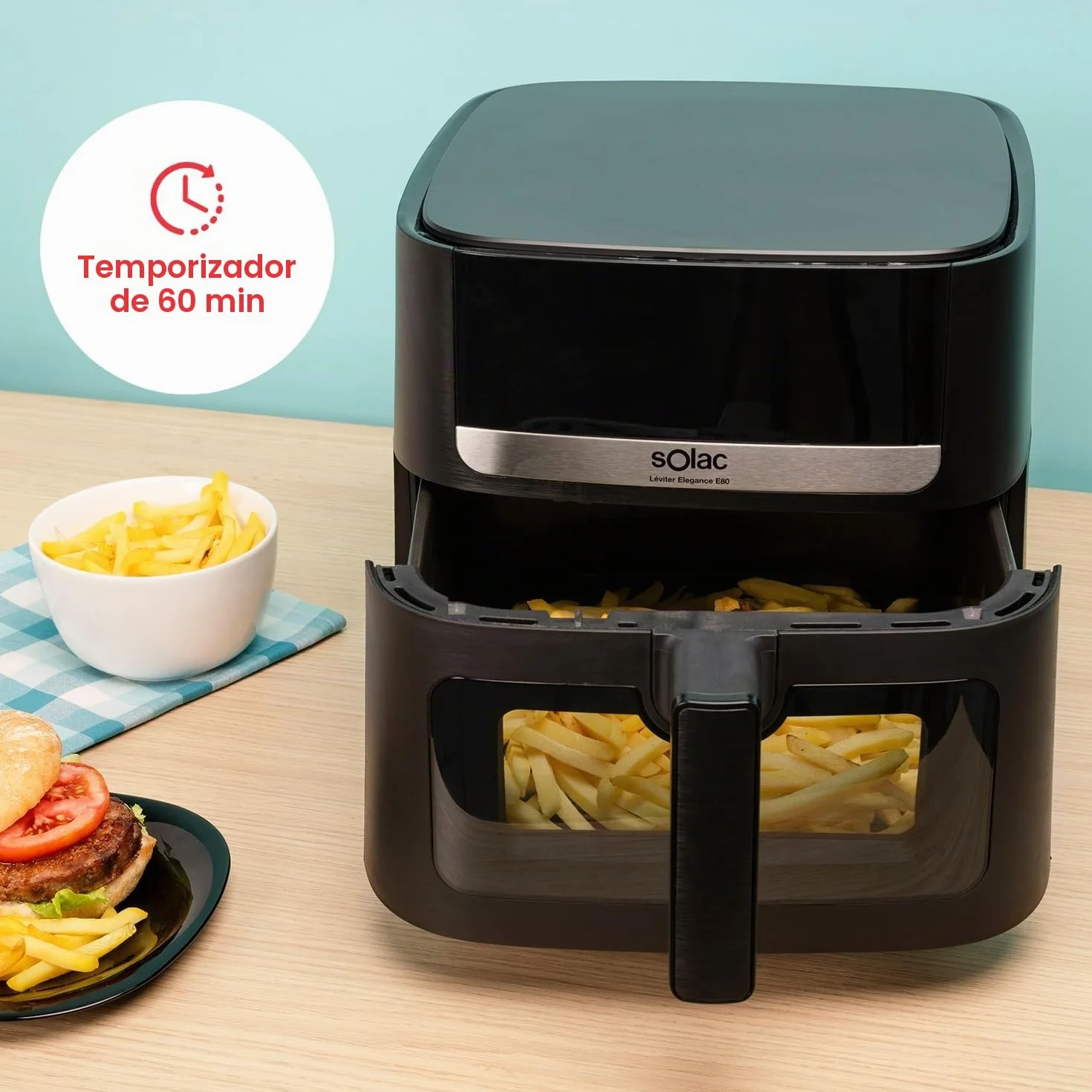 Solac - Air Fryer Leviter Elegance E80 | 1800W 8L | Pantalla Táctil | 8 Programas Automáticos | Temperatura Ajustable y Temporizador | Cocina Rápida | Apta para Lavavajillas | Negro