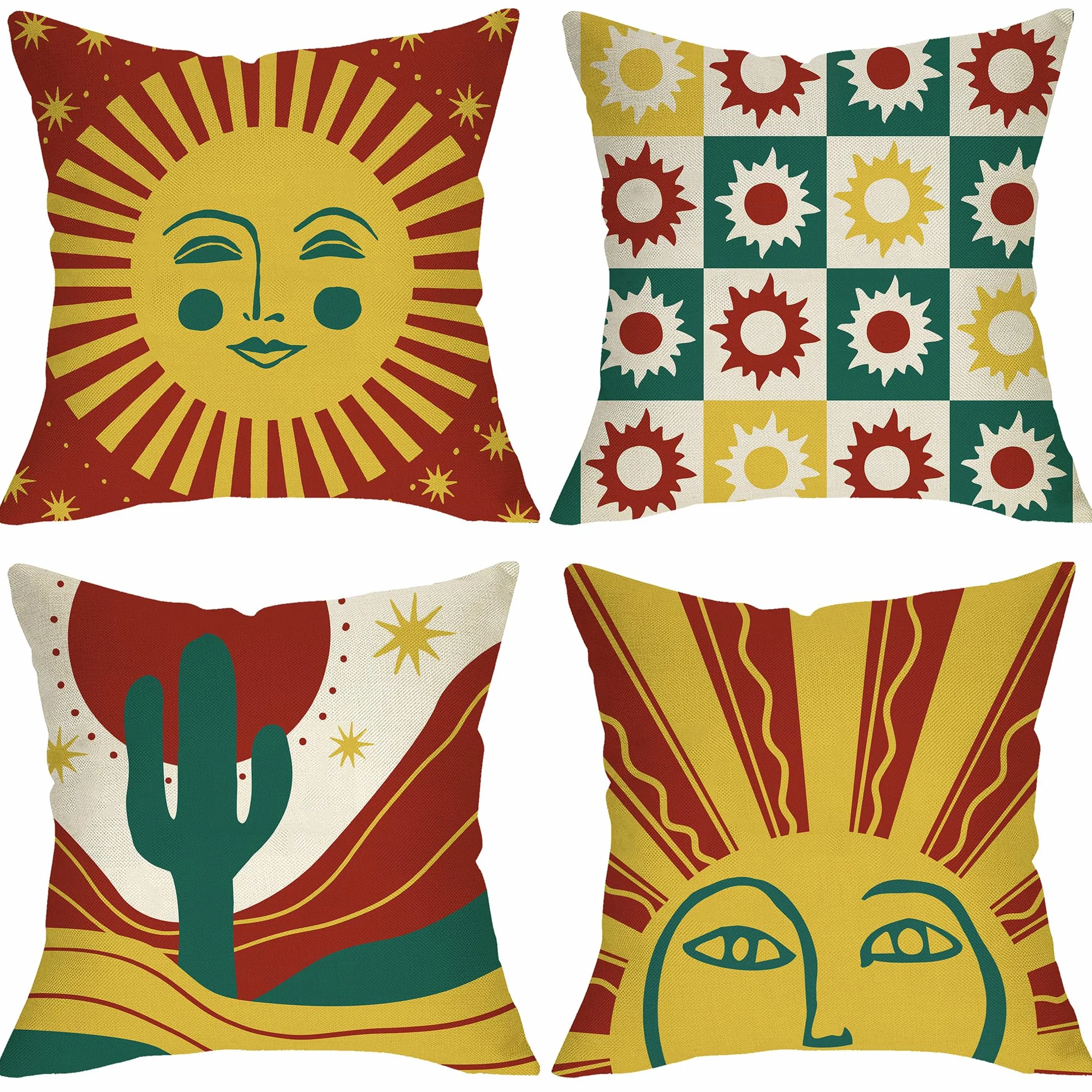 Juego de 4 fundas de almohada decorativas bohemias de 18 x 18 pulgadas, diseño bohemio del desierto occidental, cactus, puesta de sol, porche, decoración del hogar, funda de cojín vintage a