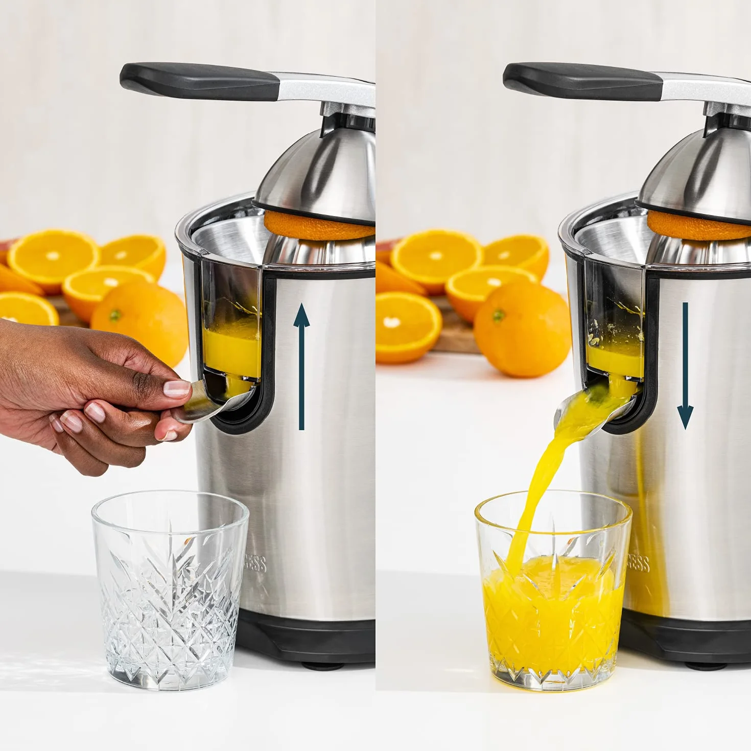 Princess 201860 Exprimidor de Cítricos Master Juicer Pro, Cono universal de acero inoxidable, Brazo de Palanca Profesional, Potente Motor de 300 W, Filtro para Pulpa, Depósito con Sistema Antigoteo