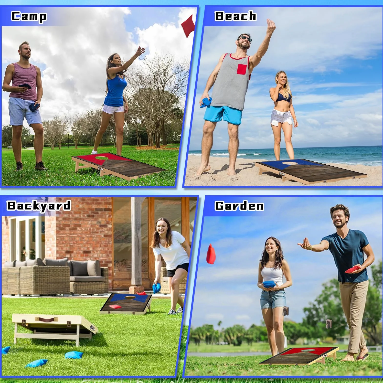 NZQXJXZ Juego de Cornhole de Madera Maciza - 120 x 55 cm Tablas de Cornhole Plegables con 8 pufs y una Bolsa de Transporte, Juegos portátiles de Lanzamiento de pufs para Adultos y Familia