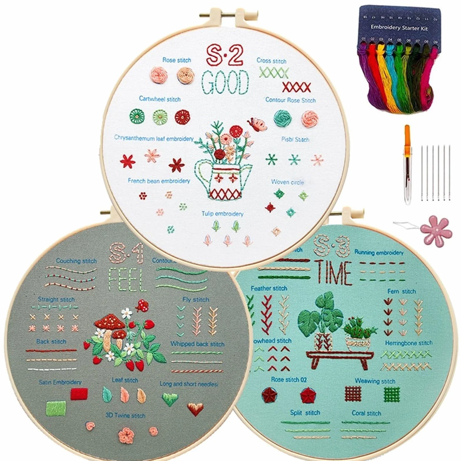 kit de bordado a mano, Kit de bordado, 3 juegos inicial Aprenda diferentes puntadas Kits bricolaje(Color 03,Without hoop)