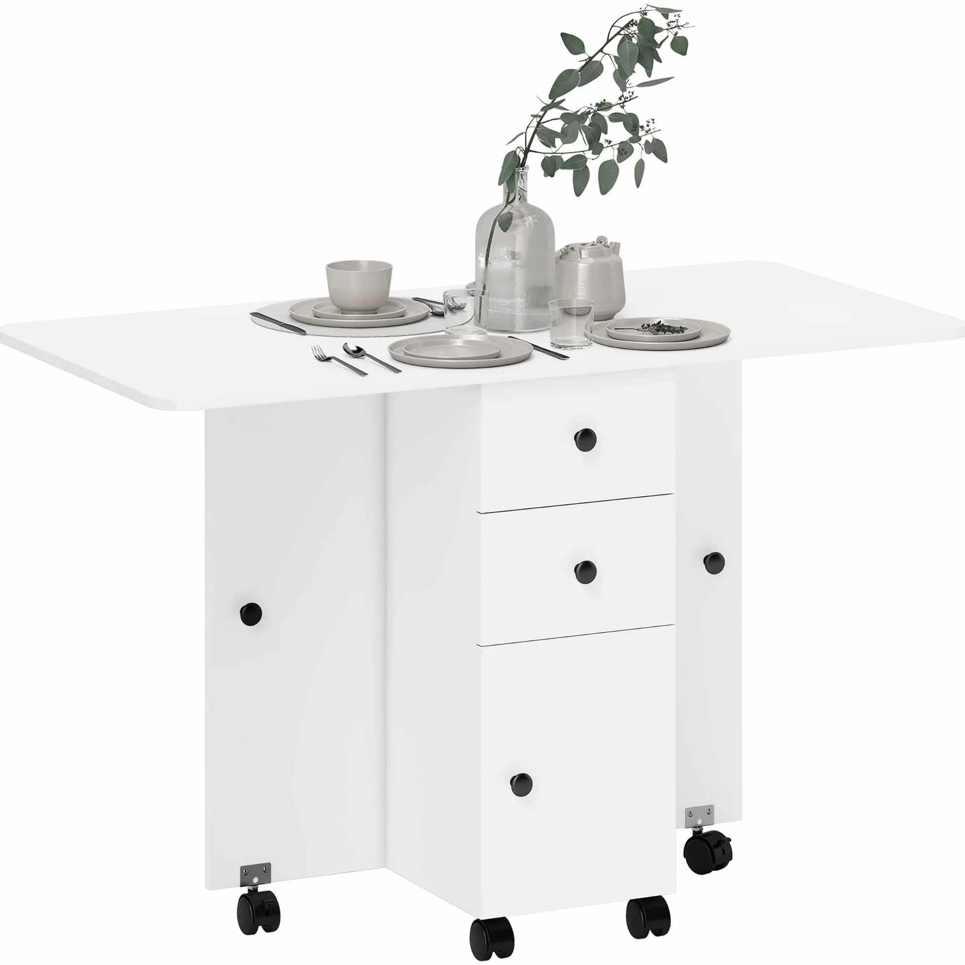 HOMCOM Mesa Plegable de Comedor, Mesa de Cocina Plegable, con Ruedas, Alas Abatibles, 2 Cajones, Estante y Armario, hasta 6 Personas, para Salón, Espacio Pequeño, 120x60x76,5 cm, Blanco