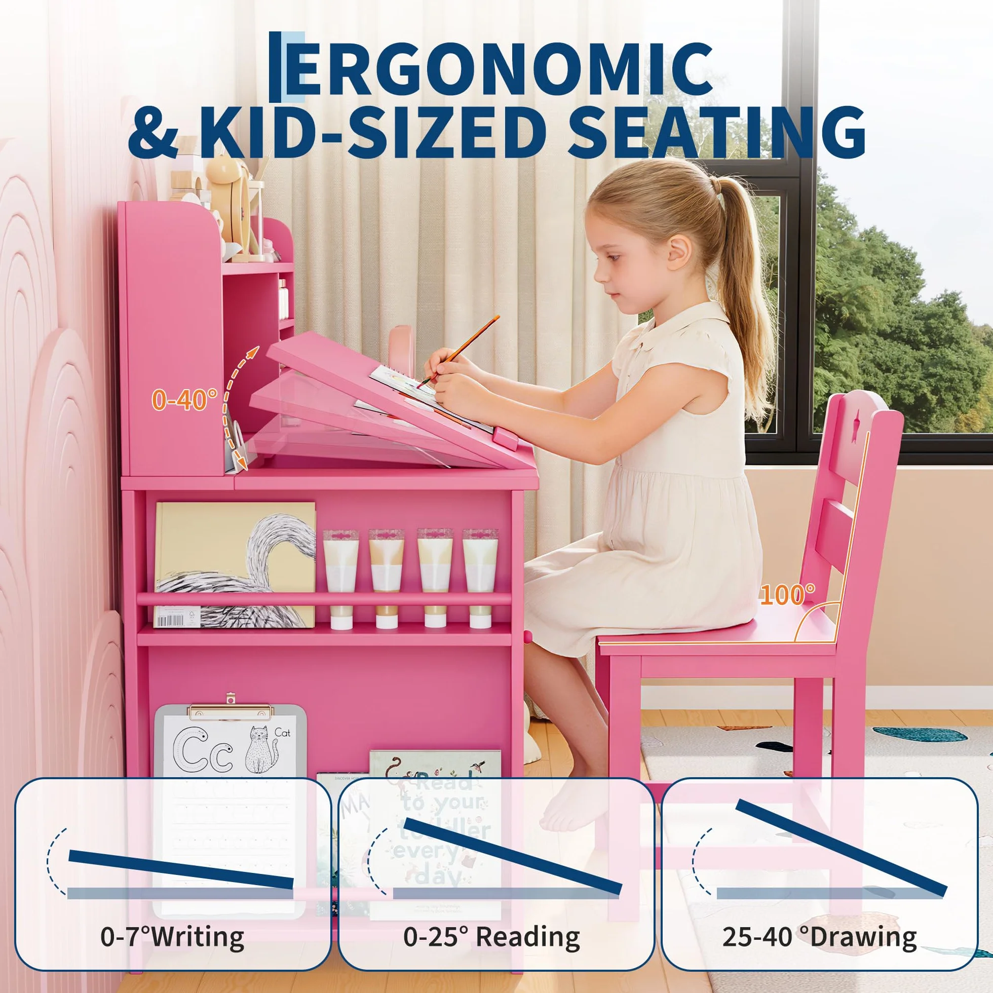 Escritorio Infantil 2 en 1 con Soporte Elevador 0-40°, Mesa y Silla de Madera con Estante y Almacenamiento