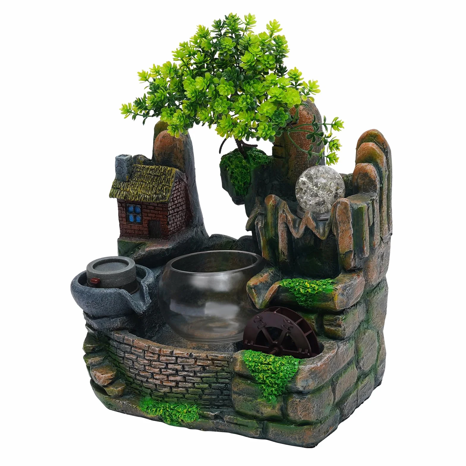 Fuente pequeña con iluminación, fuente de mesa, habitación, cascada, cuenca de agua con cristal, rueda Feng Shui, atomizador, 30 x 20 x 36 cm