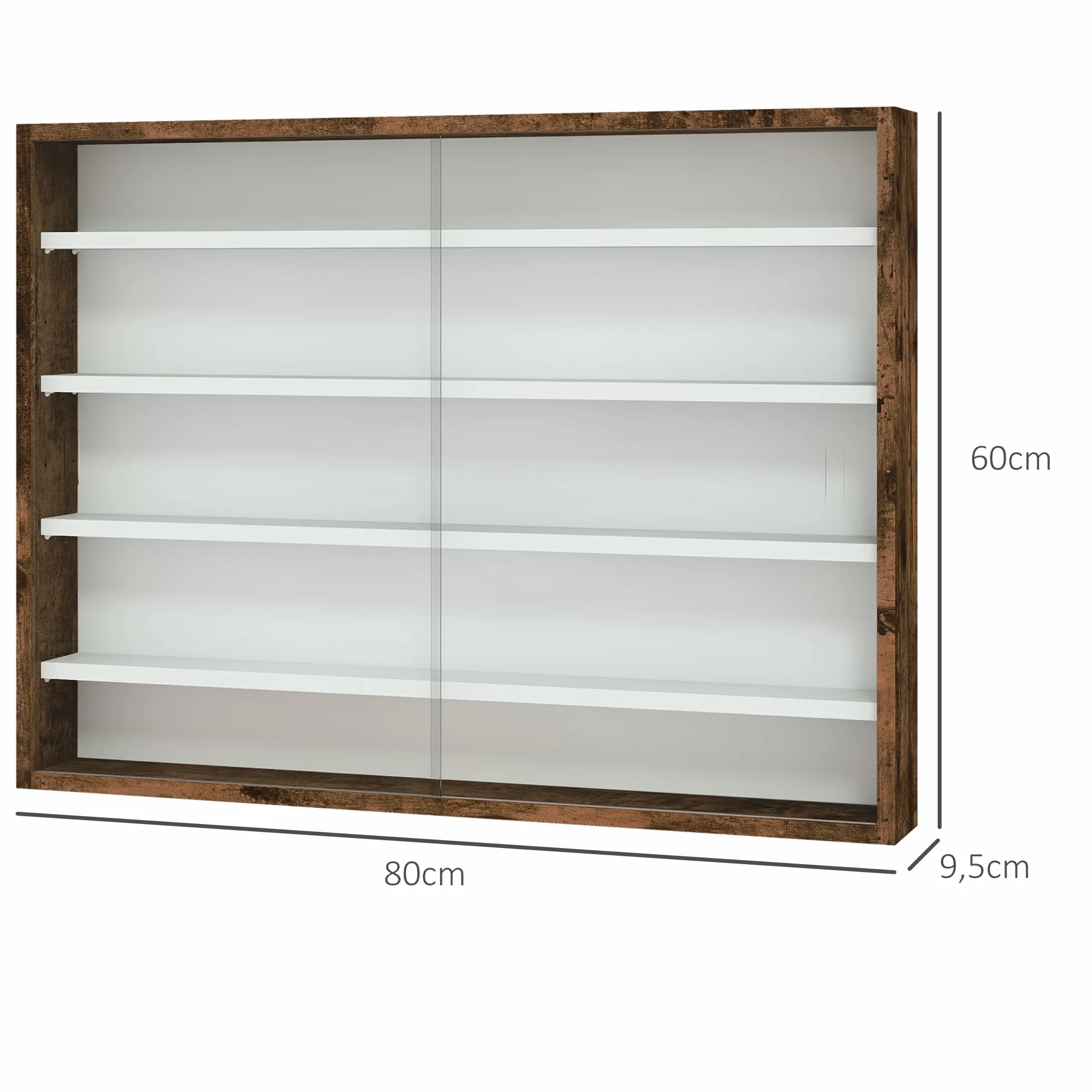 HOMCOM Vitrina para colección Armario de Pared 80 x 9,5 x 60 cm con 4 estantes Regulables en Altura y 2 Puertas correderas de Cristal, para Colecciones de Coches en Miniatura y figuritas, marrón