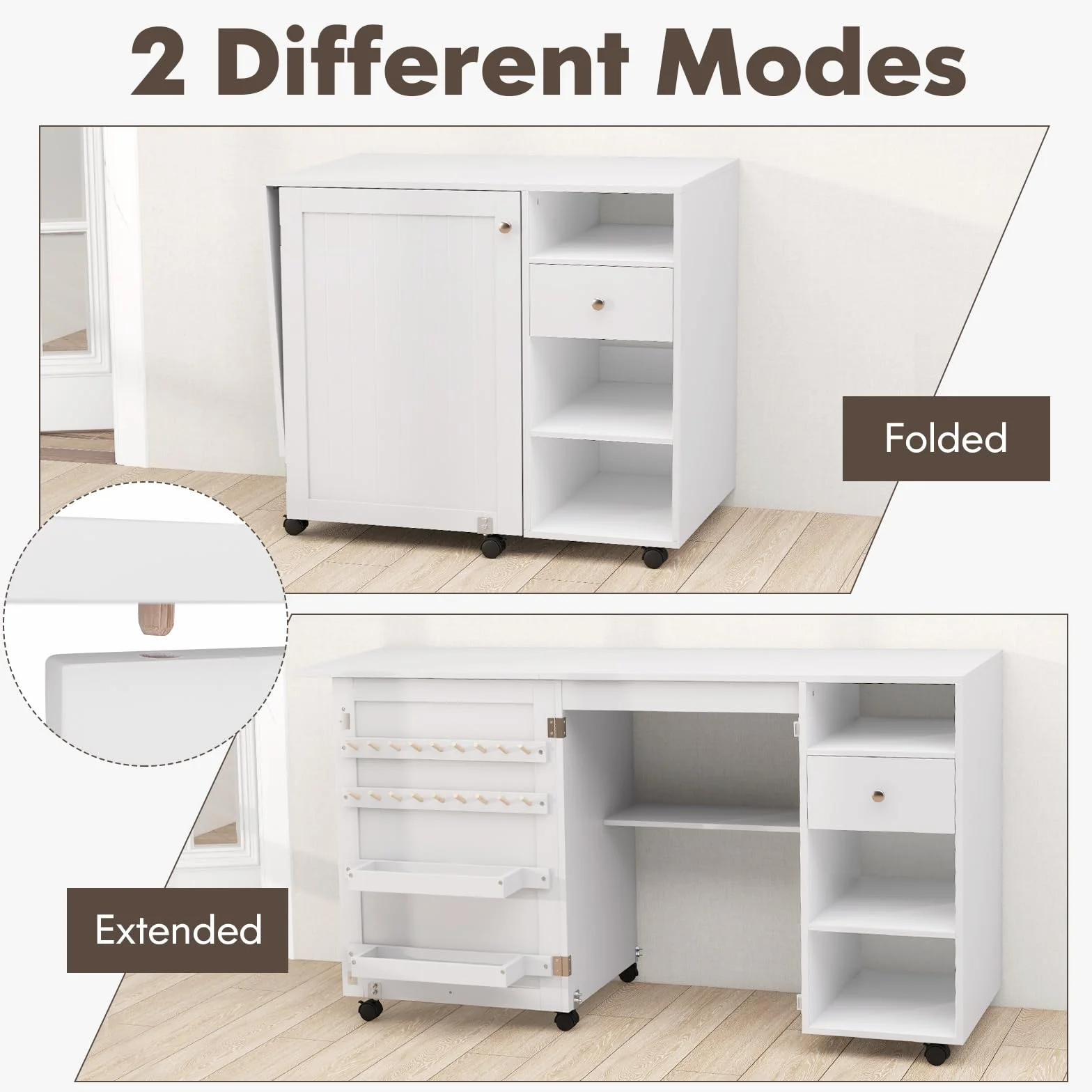 GIANTEX Armario de Costura Plegable con 6 Ruedas, Mesa de Coser con Estantes, Cajón y Soportes para Carretes de Hilo, Mesa Multiusos 2 en 1 para Dormitorio, Salón y Estudio, Blanco
