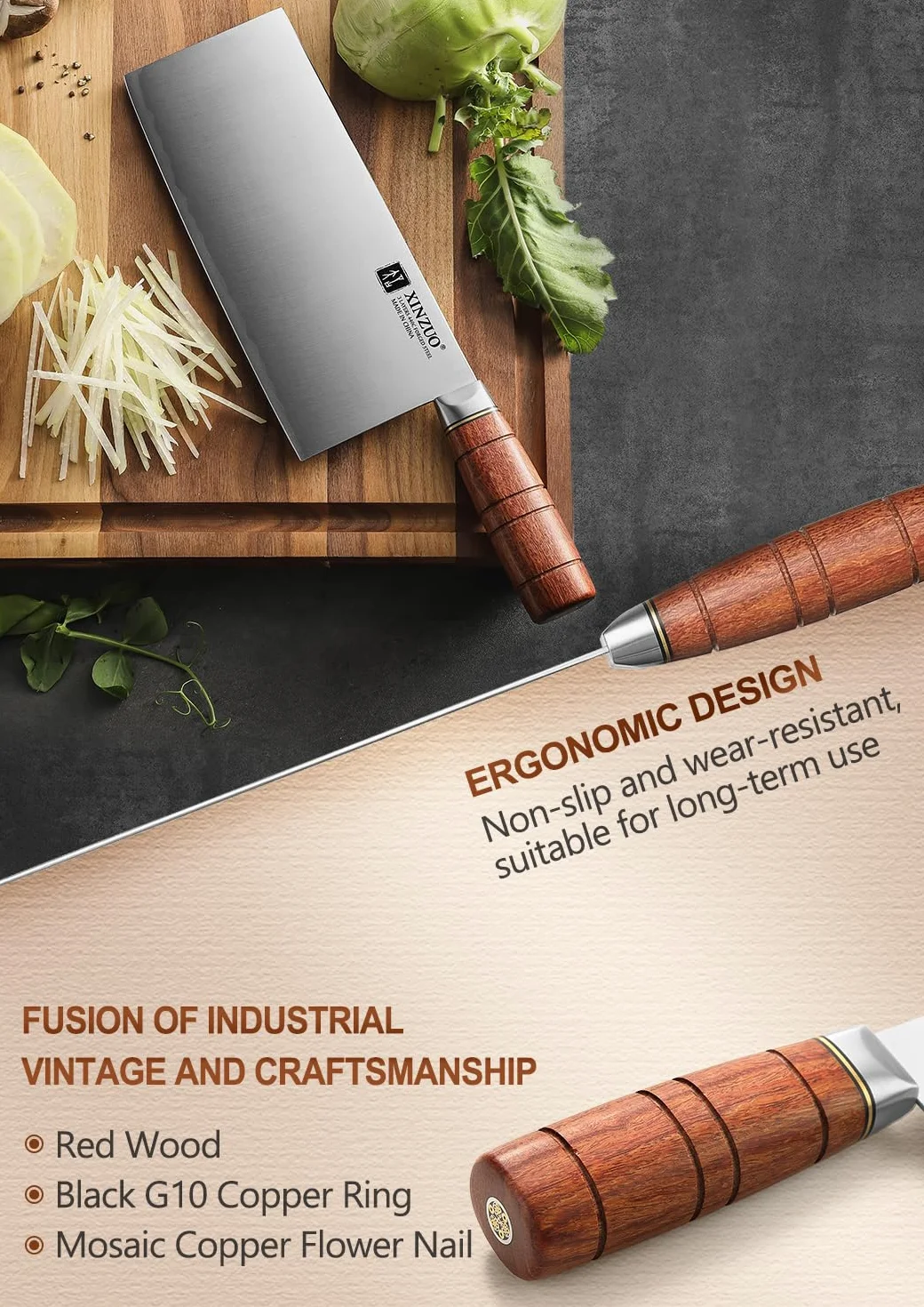 XINZUO 20,5cm Cuchillo de Cocina Chino Acero Compuesto de 3 Capas -Profesional Multifuncionales Afilado Cuchillo de Chef Acero Inoxidable -Mango Ergonómico de Red Wood -Para Carne, Pescado, Verduras