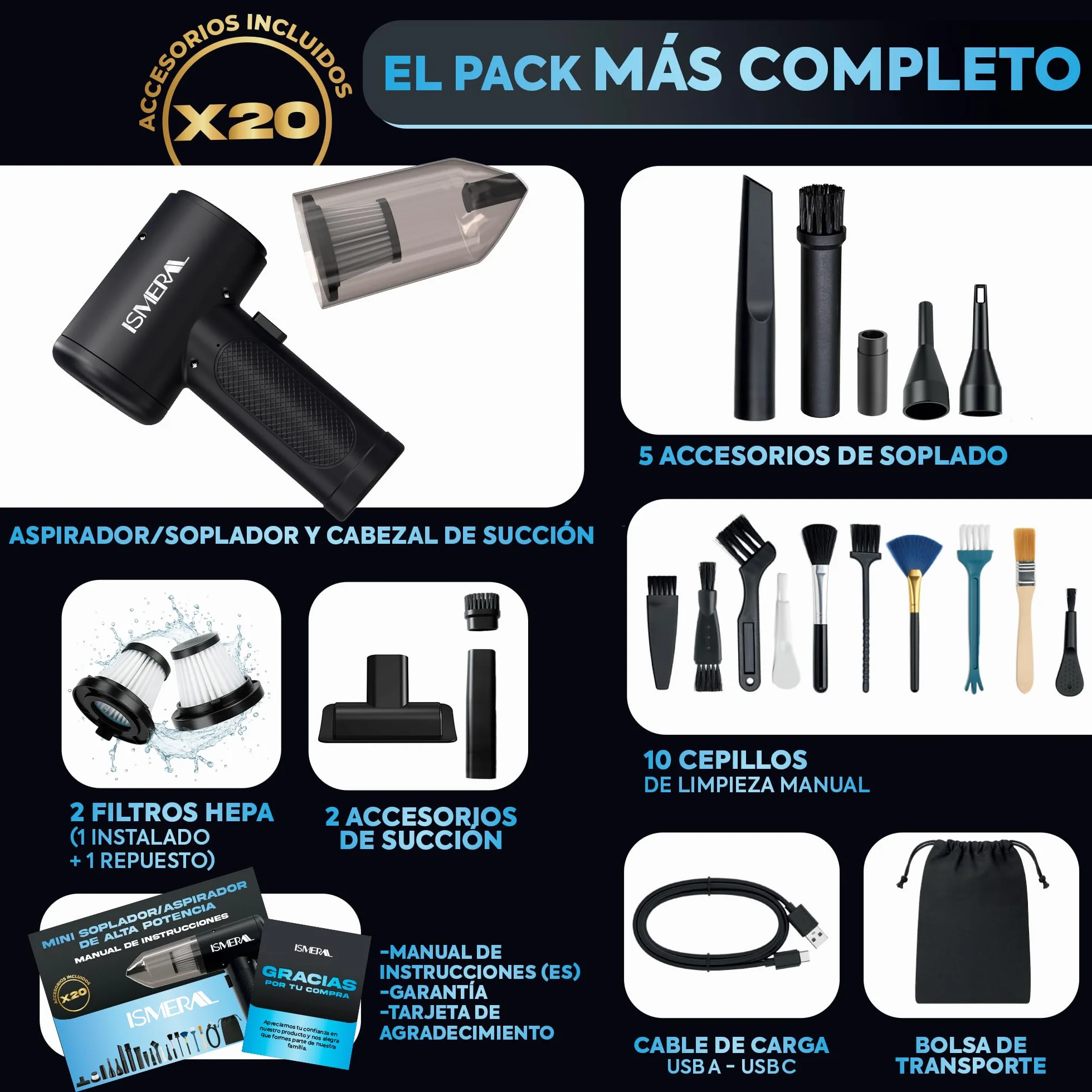 Aspiradora de Mano sin Cable 26000Pa 2 en 1 Soplador-Aspirador para Coche