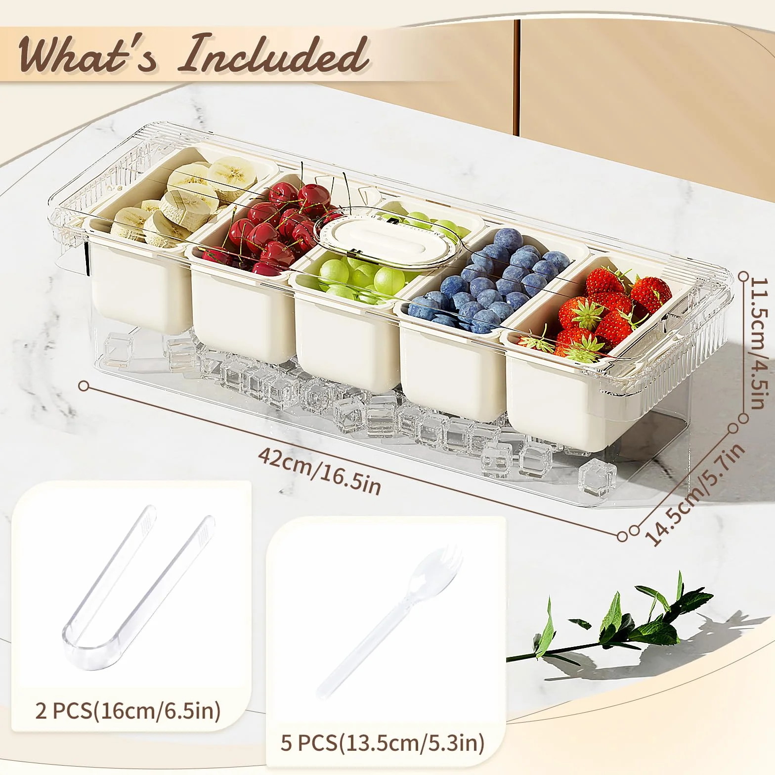 Fangoo Condimentos Refrigerados Organizador con Tapa con 5 Compartimentos 5 tenedores y 2 clips extraíbles en Hielo Bandeja Condimentos Refrigerada Viene para bar de ensalada Buffetes de pizza