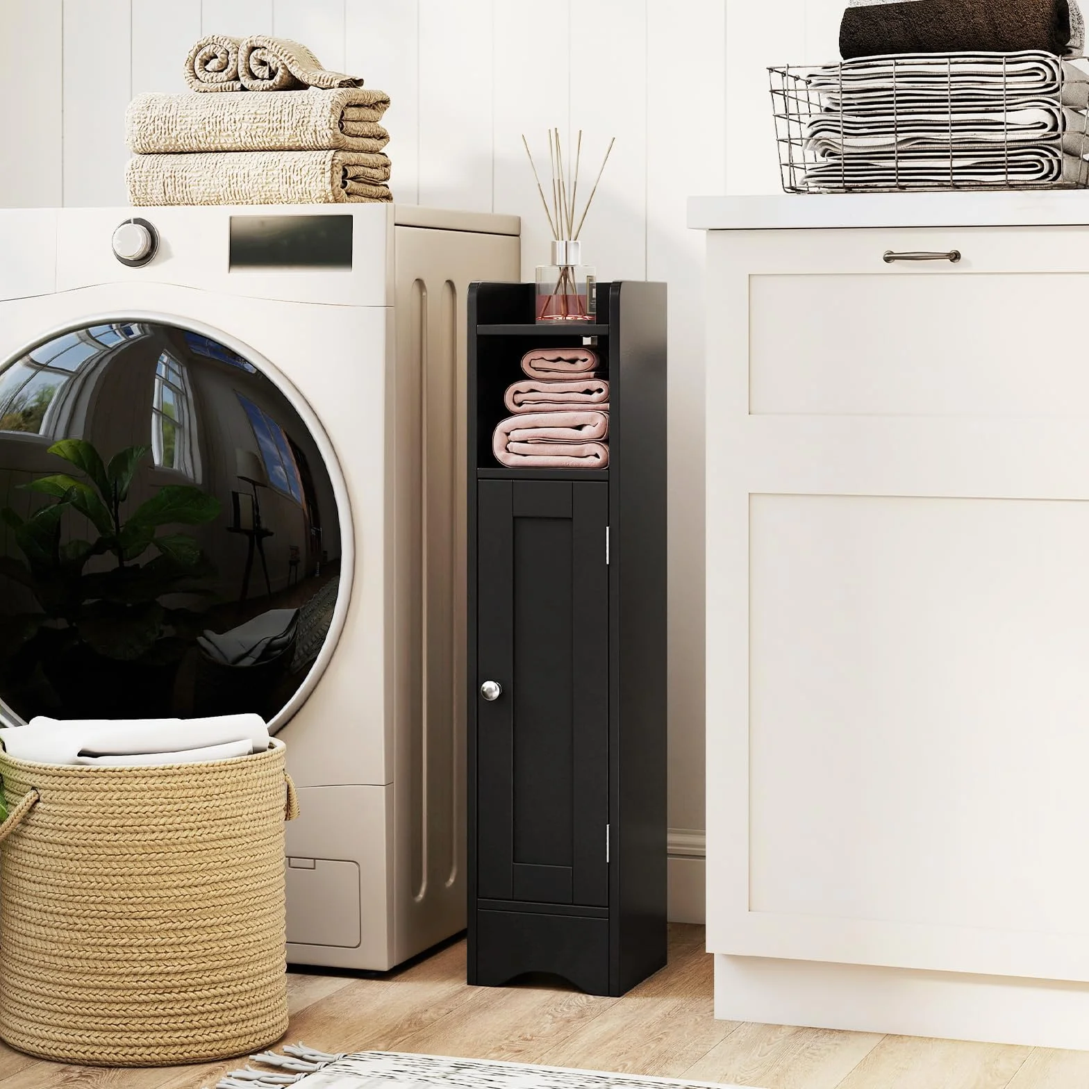 GIANTEX Armario Estrecho de Baño con Puerta, Mueble Organizador para Papel Higiénico con 5 Estantes de Almacenamiento, 2 Estantes Ajustables, 18 x 19,5 x 80 cm, para Salón, Lavandería (Negro)