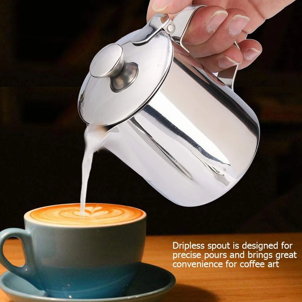 Jarra de Acero Inoxidable para Latte Coffee Art con Tapa y Asa 350mL