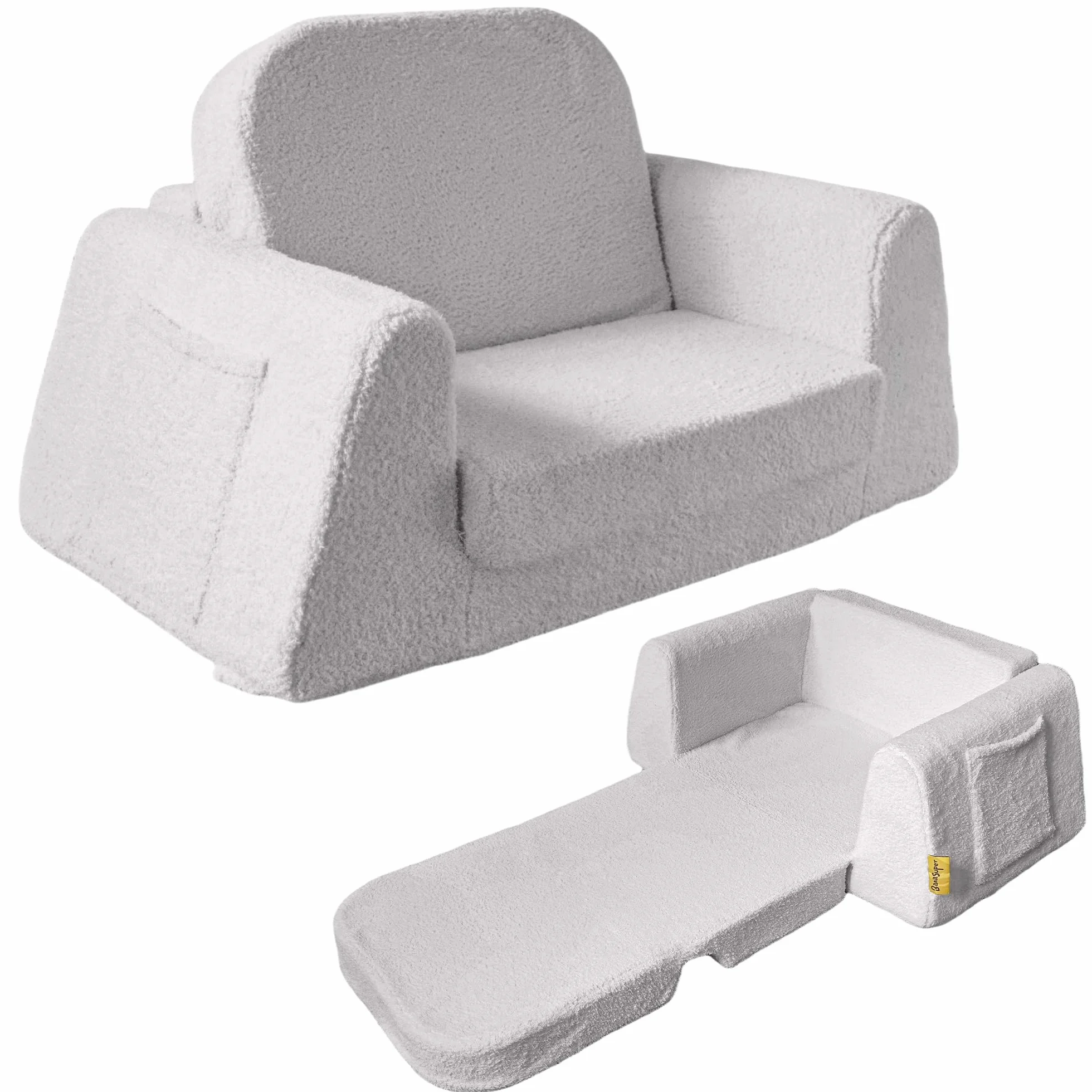 BanaSuper Sofá Cama Infantil 2 en 1, Sillón Convertible y Cama Plegable para Niños, Tejido Sherpa Suave, Funda Desenfundable Lavable, Regalo del Niño y Cumpleaños, Gris