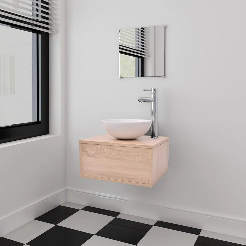vidaXL Set de Mobiliario de Baño Lavabo de Cerámica 3 Unidades Beige