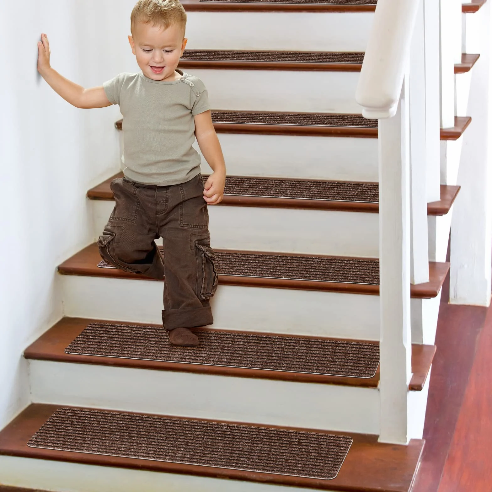Pisadas Antideslizantes para escalones de Madera,76x20cm (Paquete de 15), Adhesivo preaplicado, alfombras Antideslizantes para escaleras Interiores, Marrón