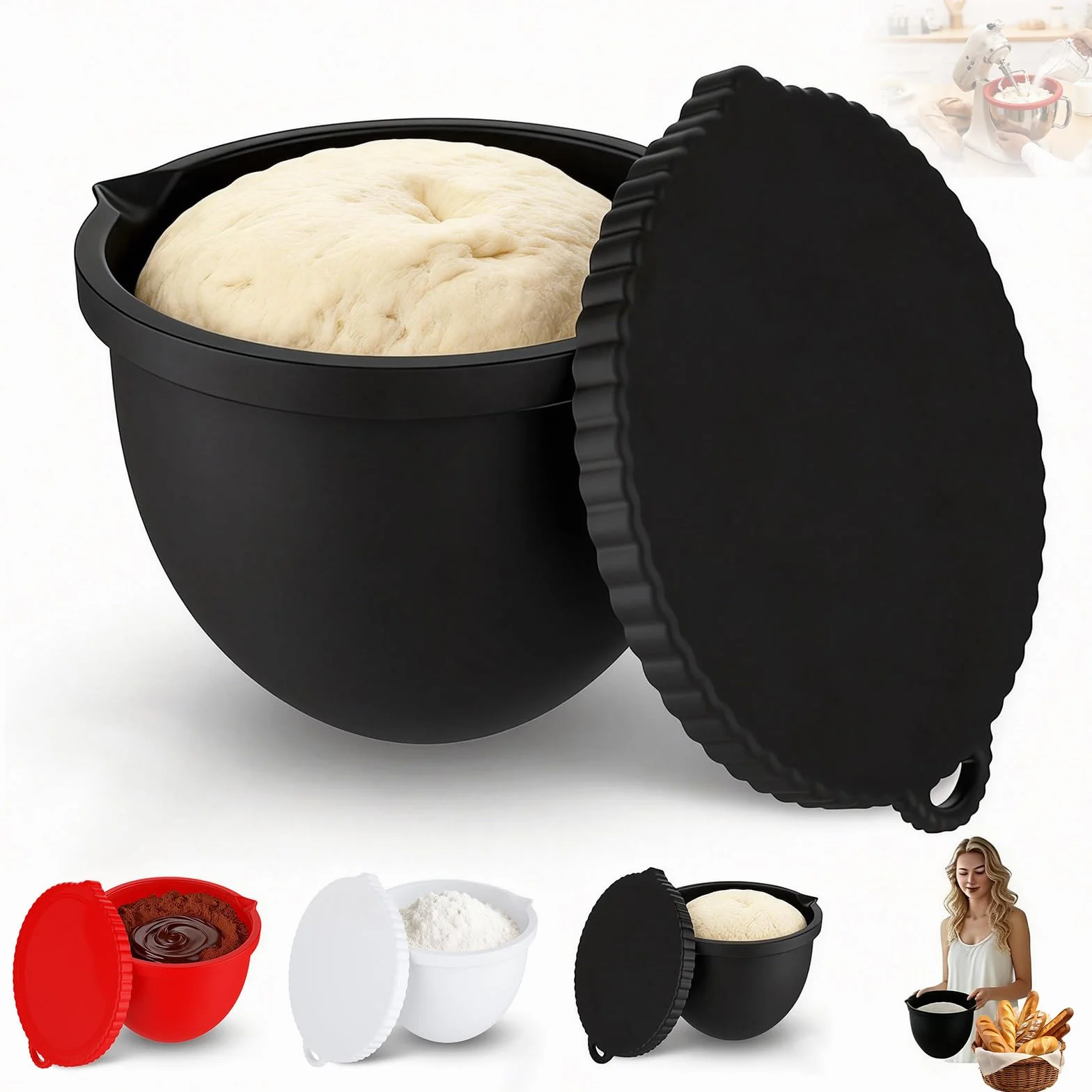 3 Forros de Silicona para Batidora, Compatibles con Kitchenaid Accesorios, Bol de 5 Qt con Tapa, Insertos de Silicona para Batidora, Antidesplome Reforzado, Apilables, para Hornear/Cocinar
