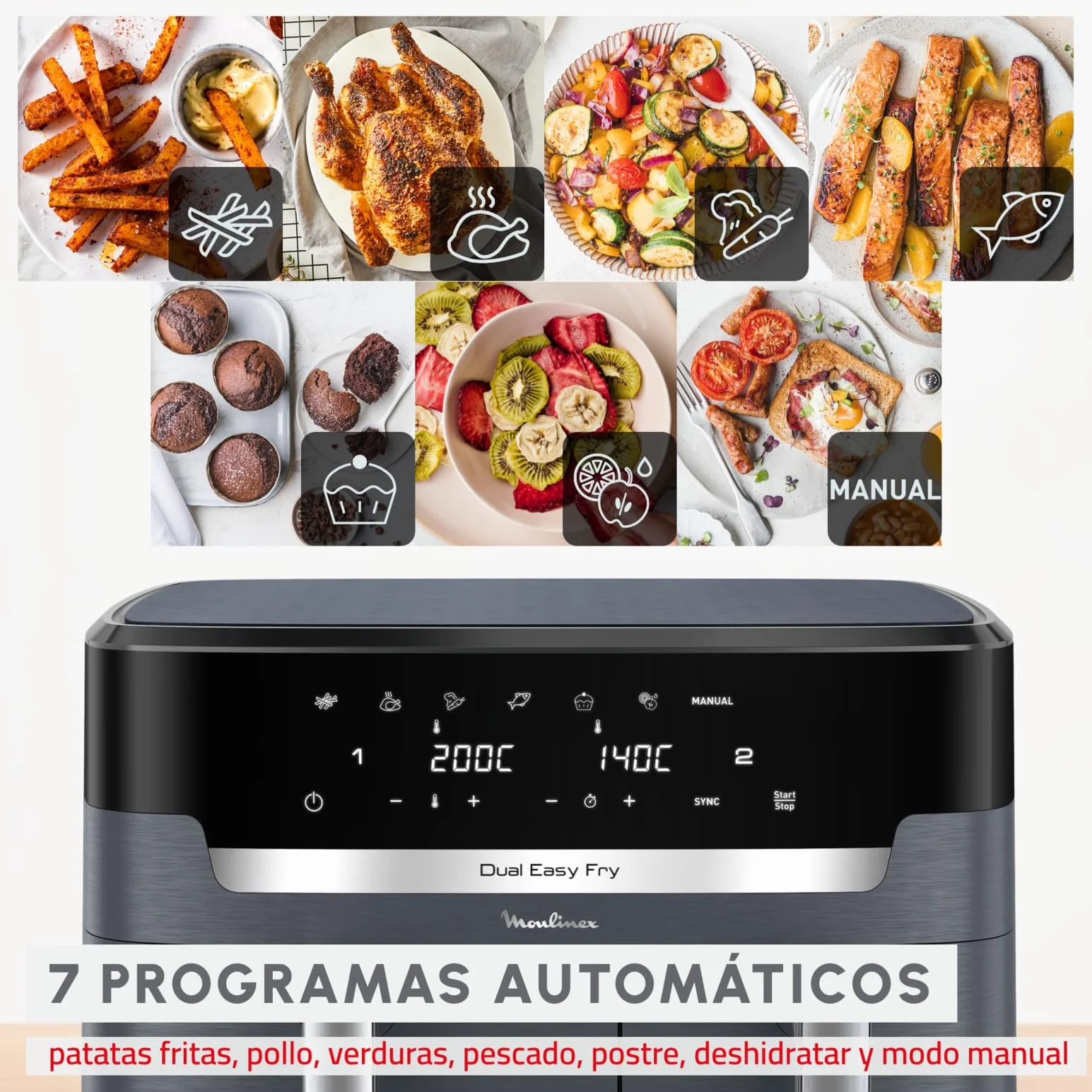 Moulinex XXL Dual Easy Fry 11L: Freidora de Aire de Doble Cesta +8 Personas, Dos cestas (6,5 L + 4,5 L),7 Programas Automáticos, EZ942BF0
