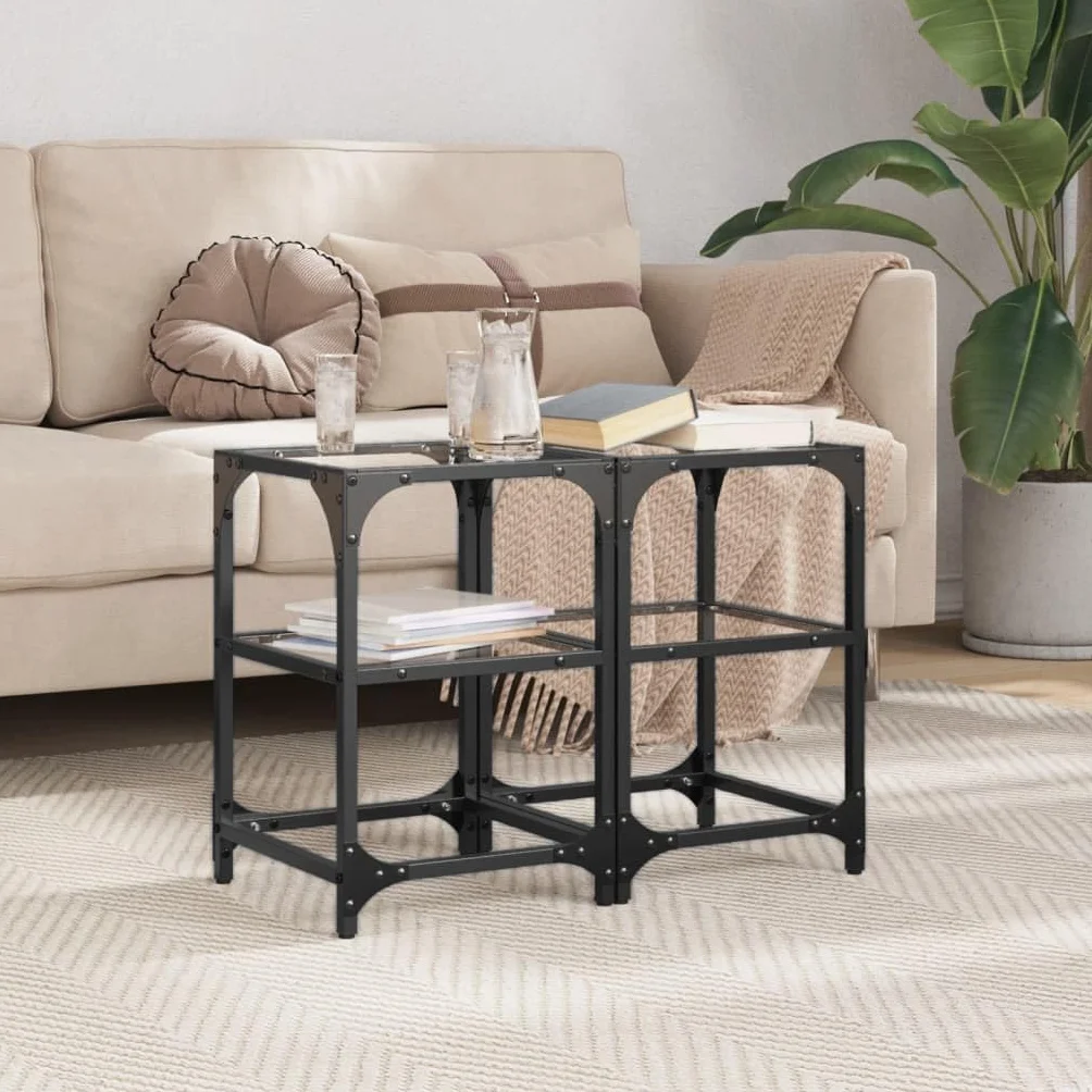 Mesa de centro con placa de cristal, transparente, 30 x 30 x 45 cm, marco de acero, mesa de salón para aperitivos, bebidas, decoración, juego de mesa auxiliar