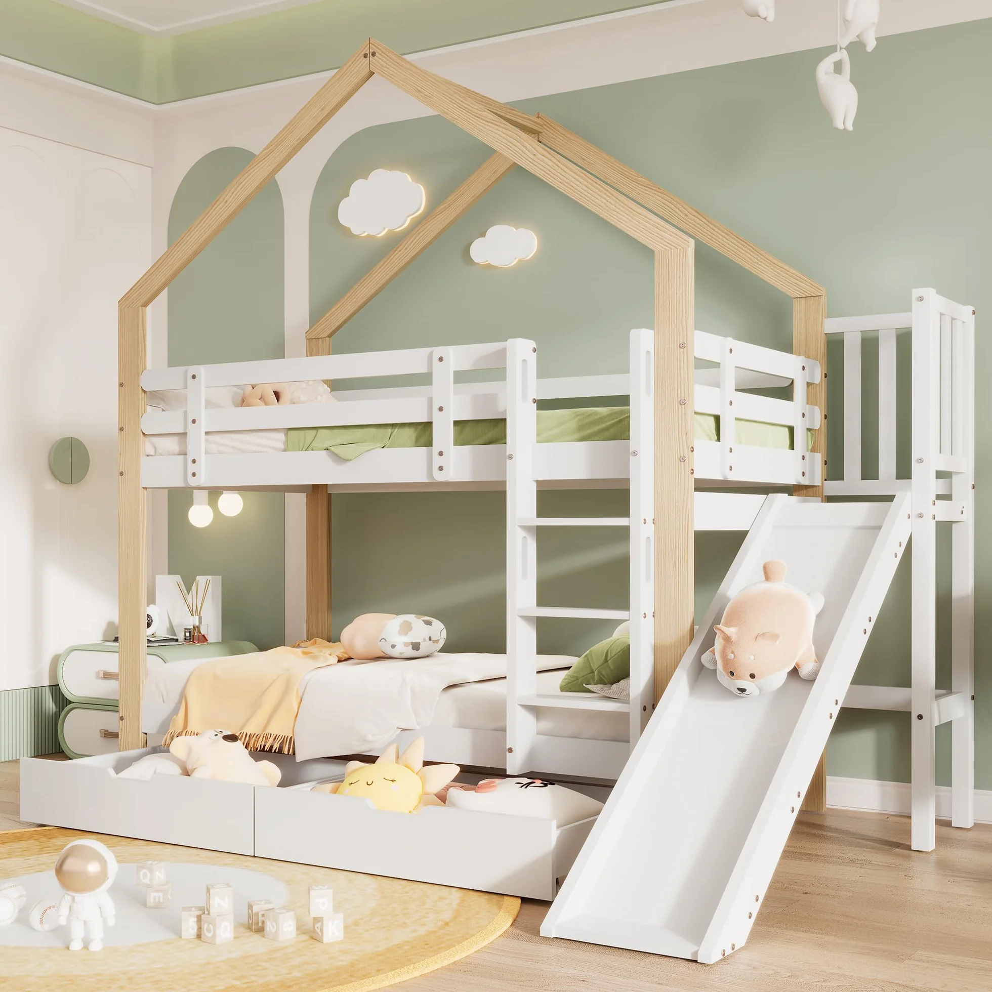 Litera con tobogán y escalera angular de tres niveles, cama con protección contra caídas, cuna, marco de cama de madera maciza, color blanco y natural, 90 x 200 cm (con 2 cajones)