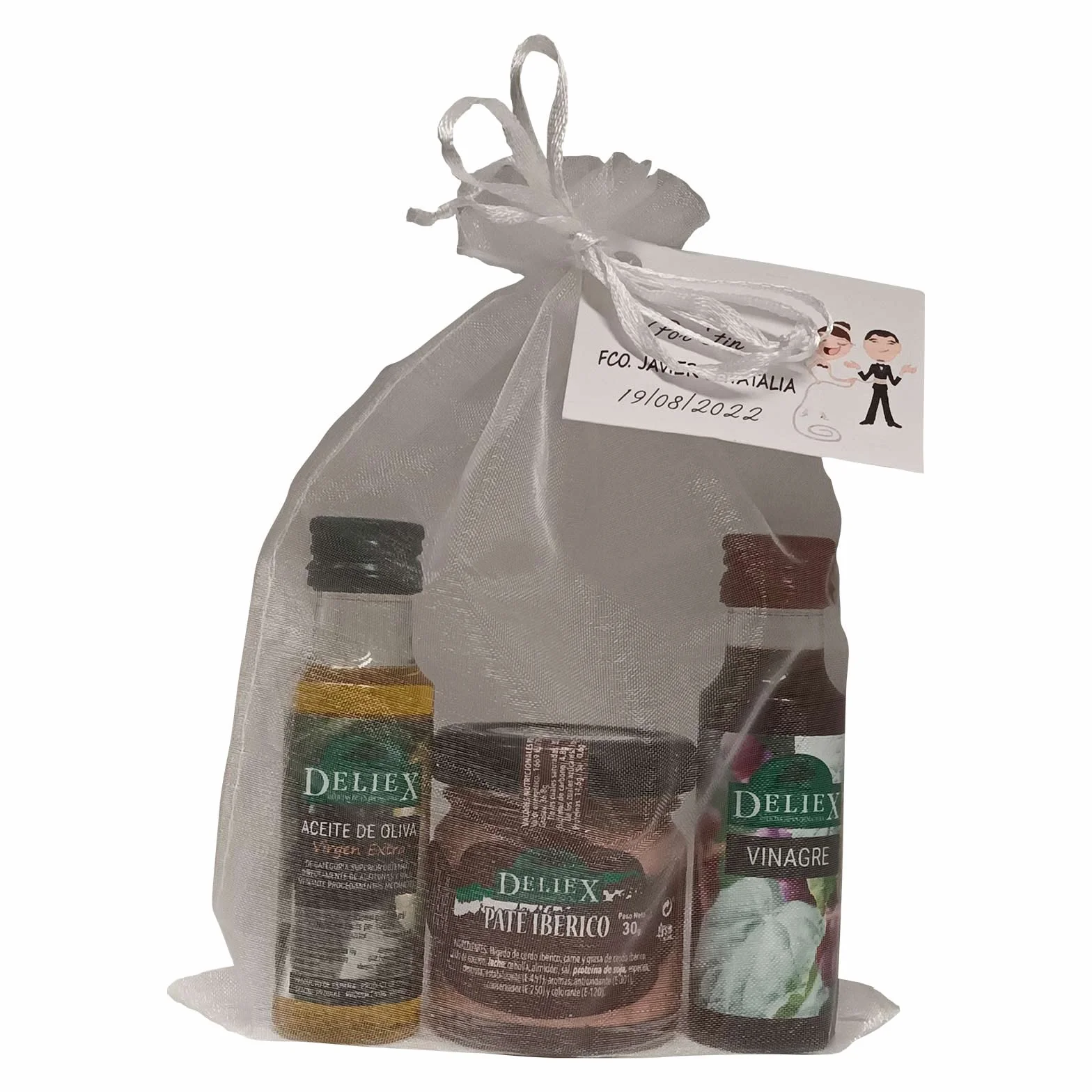 Regalo con miniaturas de Aceite de Oliva y Vinagre junto con un tarrito de paté ibérico en bolsa de organza (Pack 24 ud). Detalle para invitados de boda, bautizos, eventos, etc