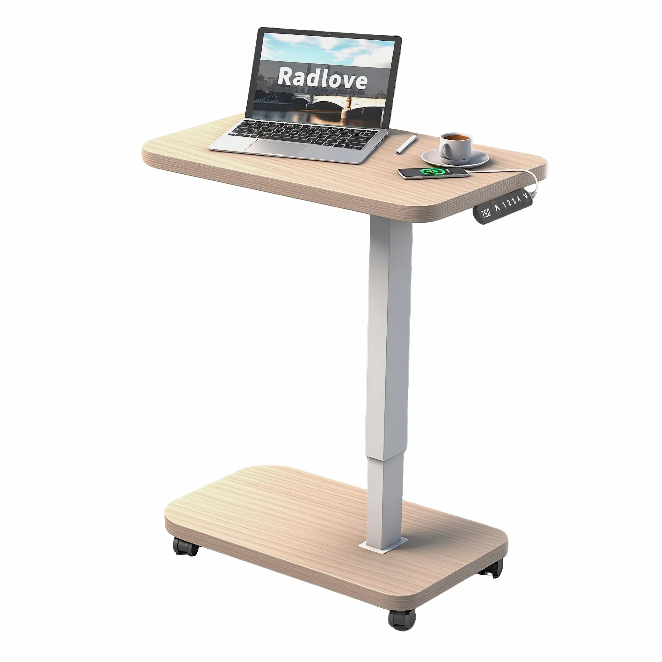 Radlove Escritorio de altura regulable eléctricamente con USB-C y pantalla LED, 71 x 46 cm, escritorio de pie con ruedas, mesa portátil de altura ajustable, aspecto de madera