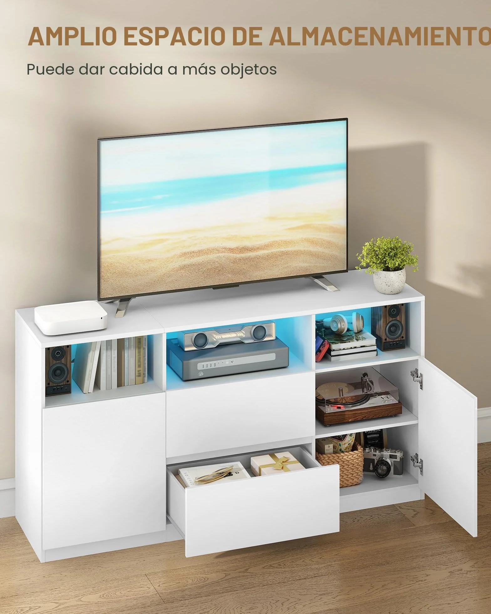 Hzuaneri Mueble de TV, Mesa de TV de hasta 65 Pulgadas, con Luces LED, 2 Cajones, 2 Gabinete y 3 Compartimentos, 147 x 40 x 76 cm, para Salón, Dormitorio, Blanco TV17003XEU