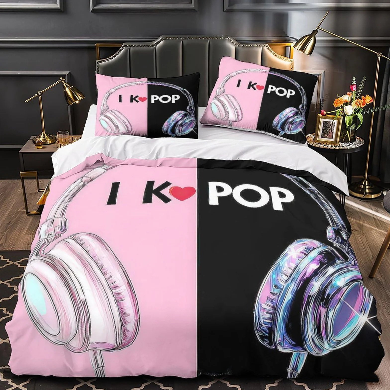 Funda Nórdica 3D Impresa K-Pop Música Microfibra Decoración Dormitorio Juego de Ropa de Cama Auriculares Jóvenes Adultos Super King（260x220cm）