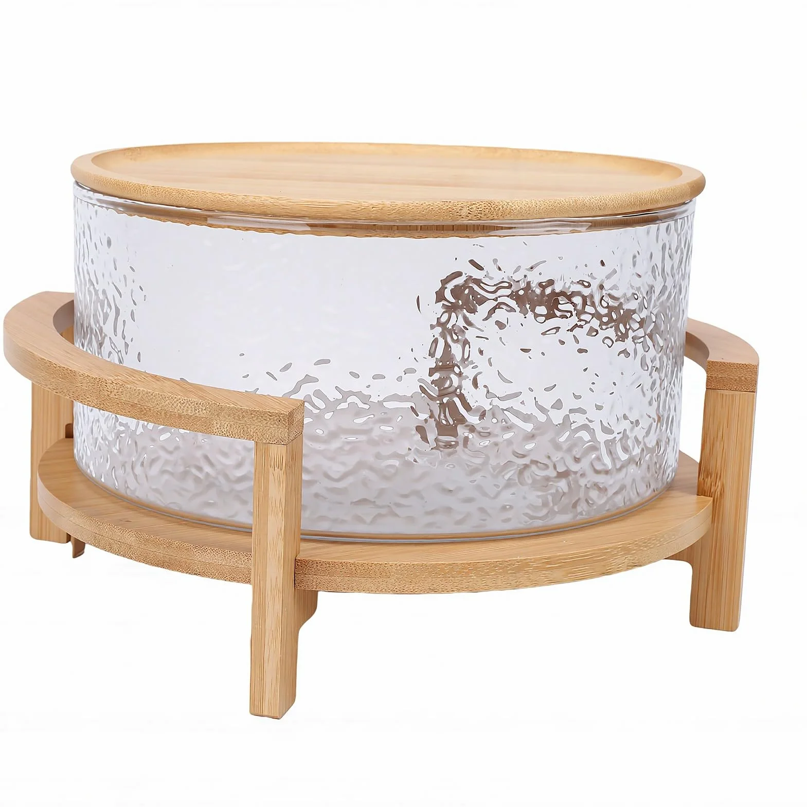 Qcwwy Cuencos de Vidrio para Mezclar, Juego de Ensaladera de Vidrio Grande de Cocina con Soporte de Madera de, Elegante Cuenco para Servir para Ensaladas, Pastas, Frutas y