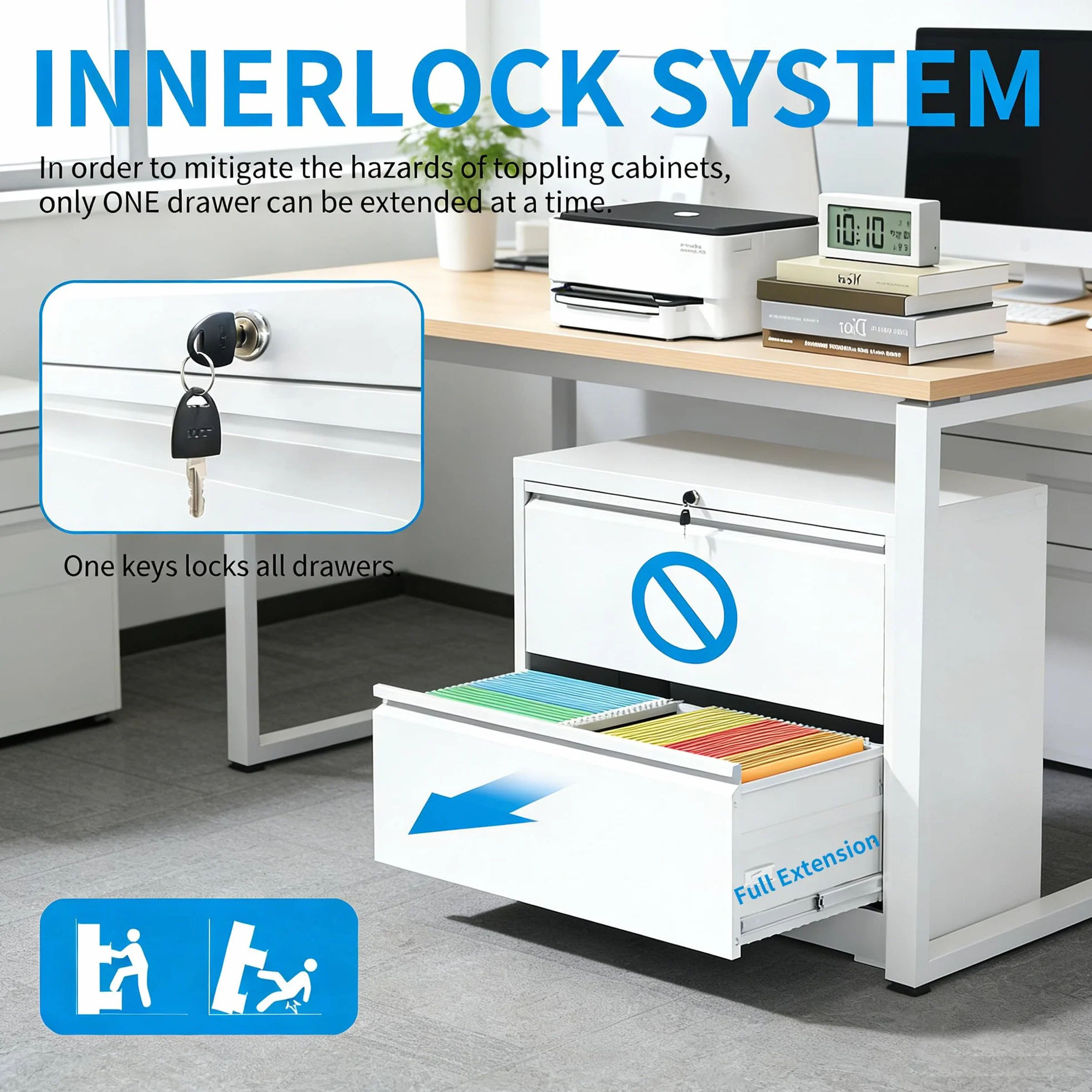 Archivador lateral de 2 cajones con cerradura, archivador lateral de metal para oficina en casa, archivadores horizontales anchos de acero para archivadores colgantes de carta/legal/A4/F4 (blanco)